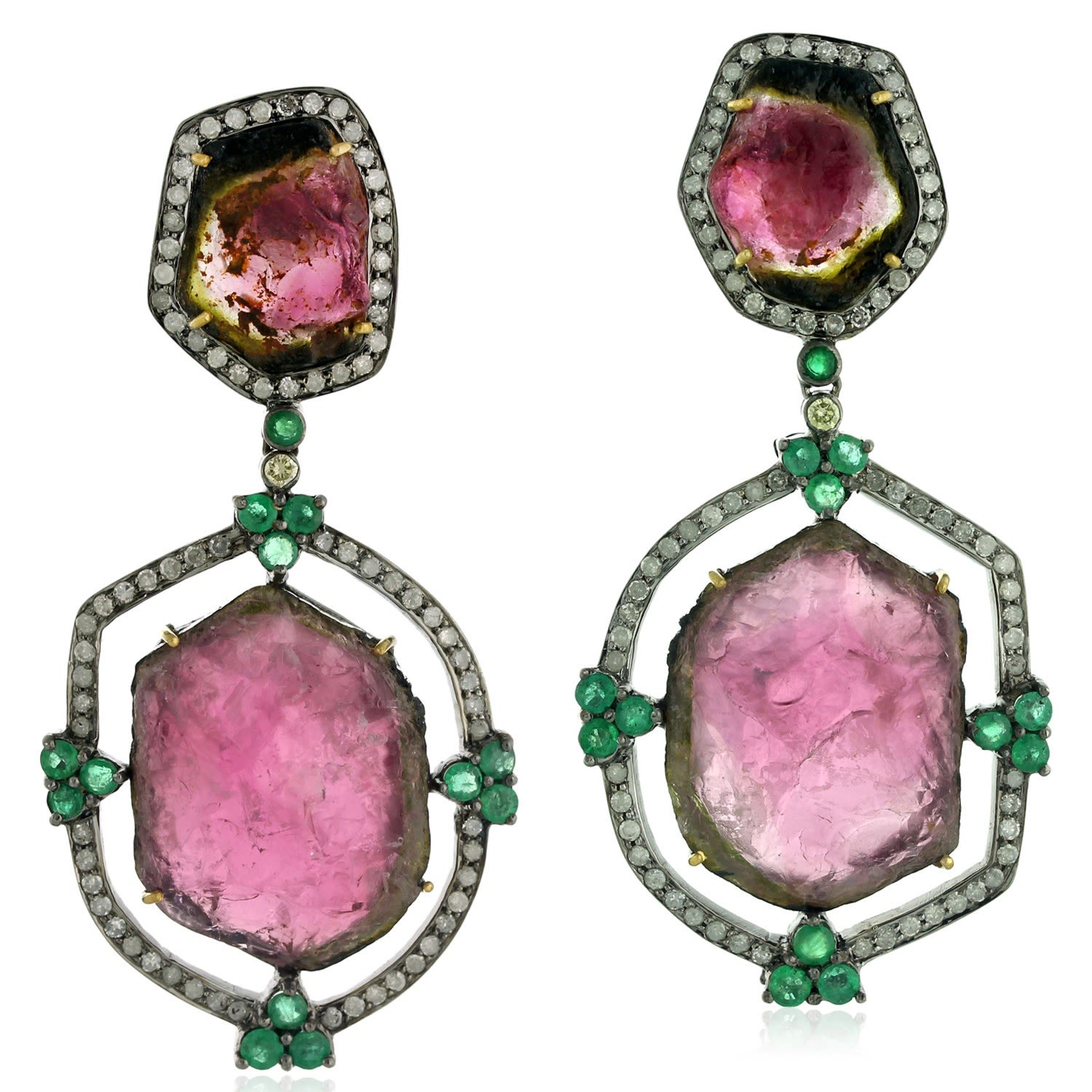 Artisan Women's White / Gold / Green Multi Tourmaline Emerald Gemstone Dangle Earrings 925 Silver Diamond Je In Pink