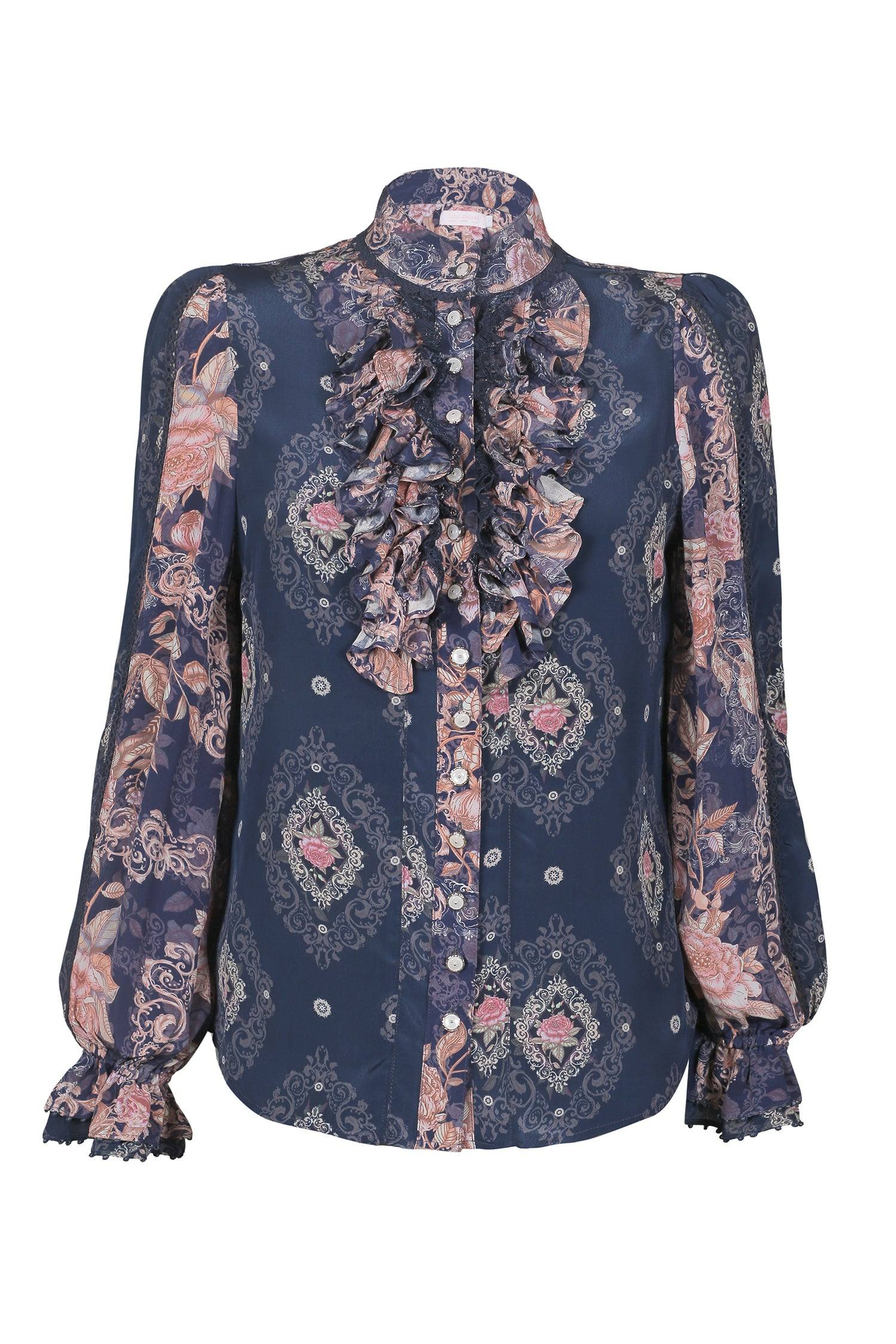 Lulu Zagame Women's Pink / Purple Ruffle Blouse In Navy Diamond & Navy Patchwork In Pink/purple