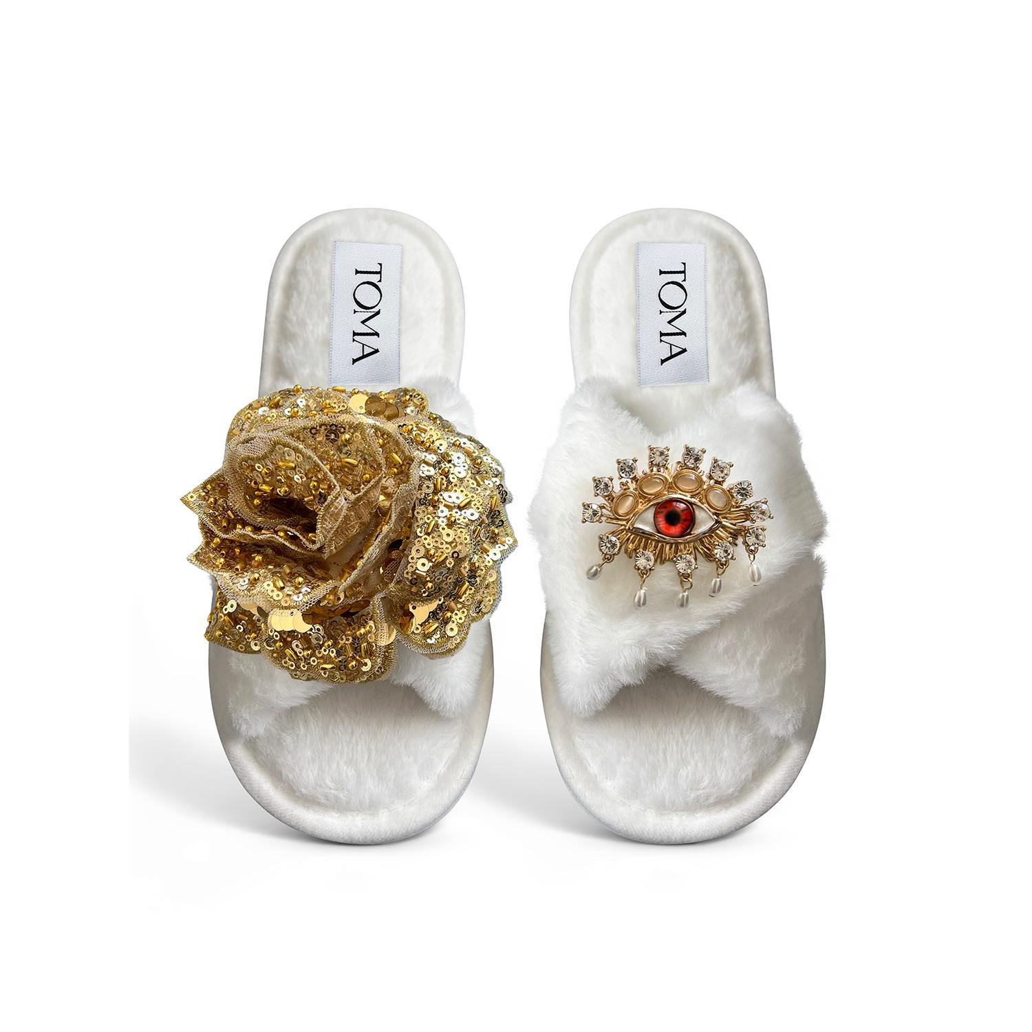 Toma Women's White Classic  Open Toe Gold Sequin Flower And Red Eye Slippers