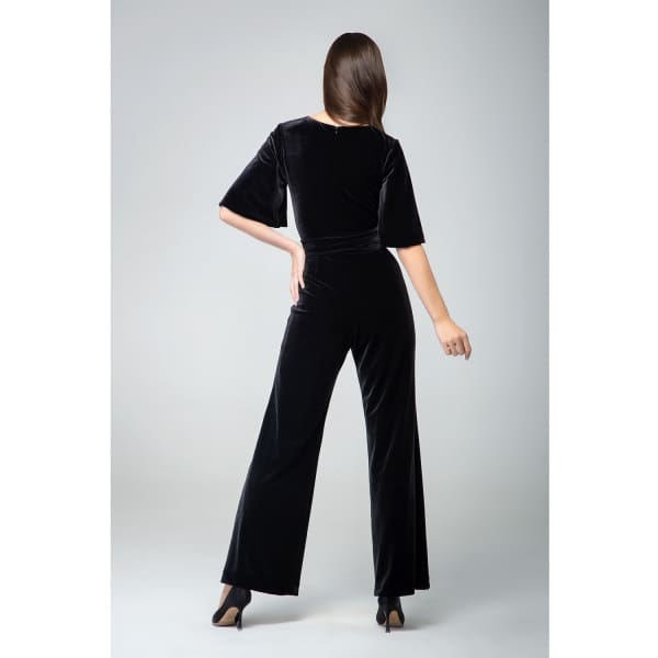 Rumour London Women's Layla Velvet Jumpsuit With Bell Sleeves & Sash In Black In Velvet