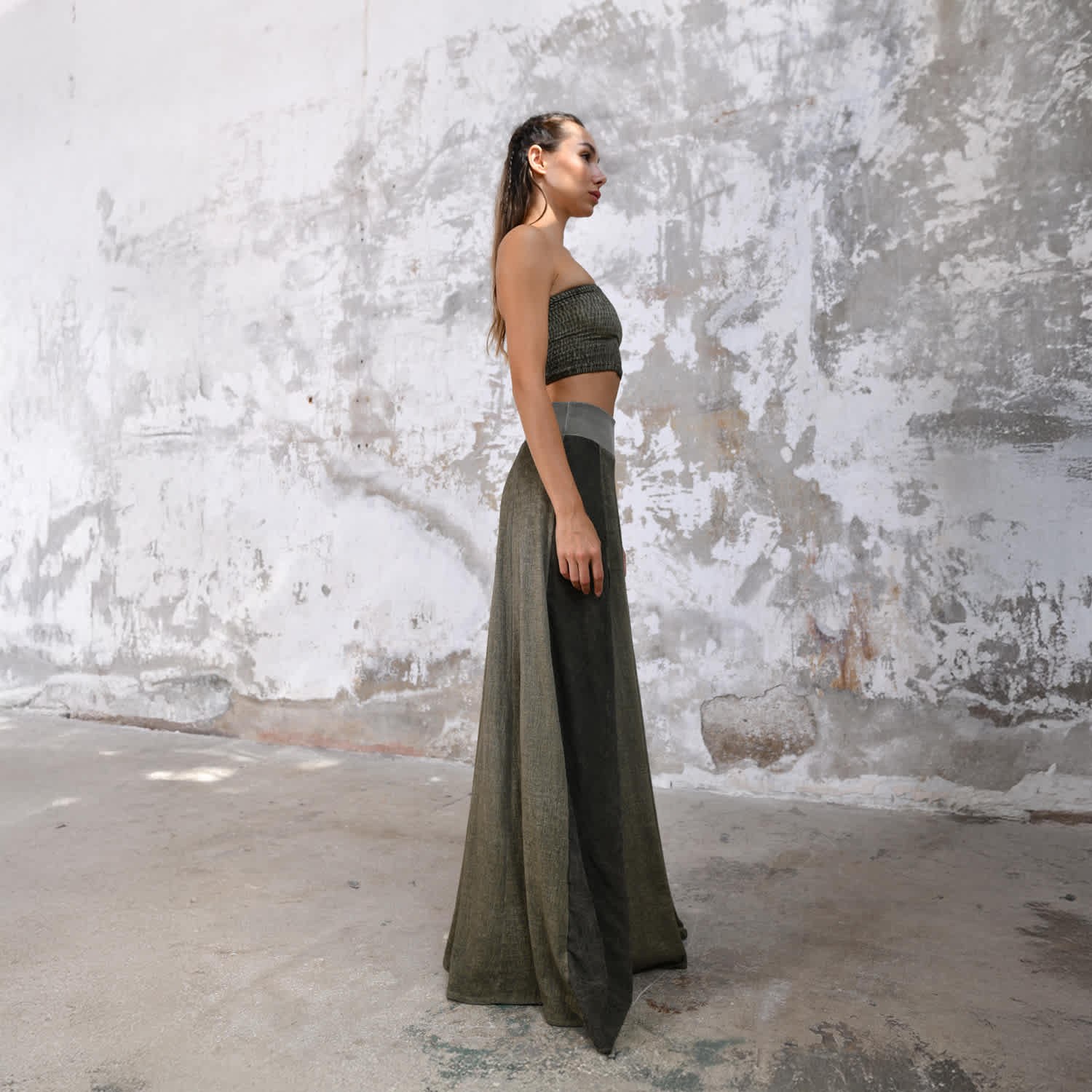 Zhe Skirt Boho High Slit Maxi Skirt - Khaki Green | Zhenabia