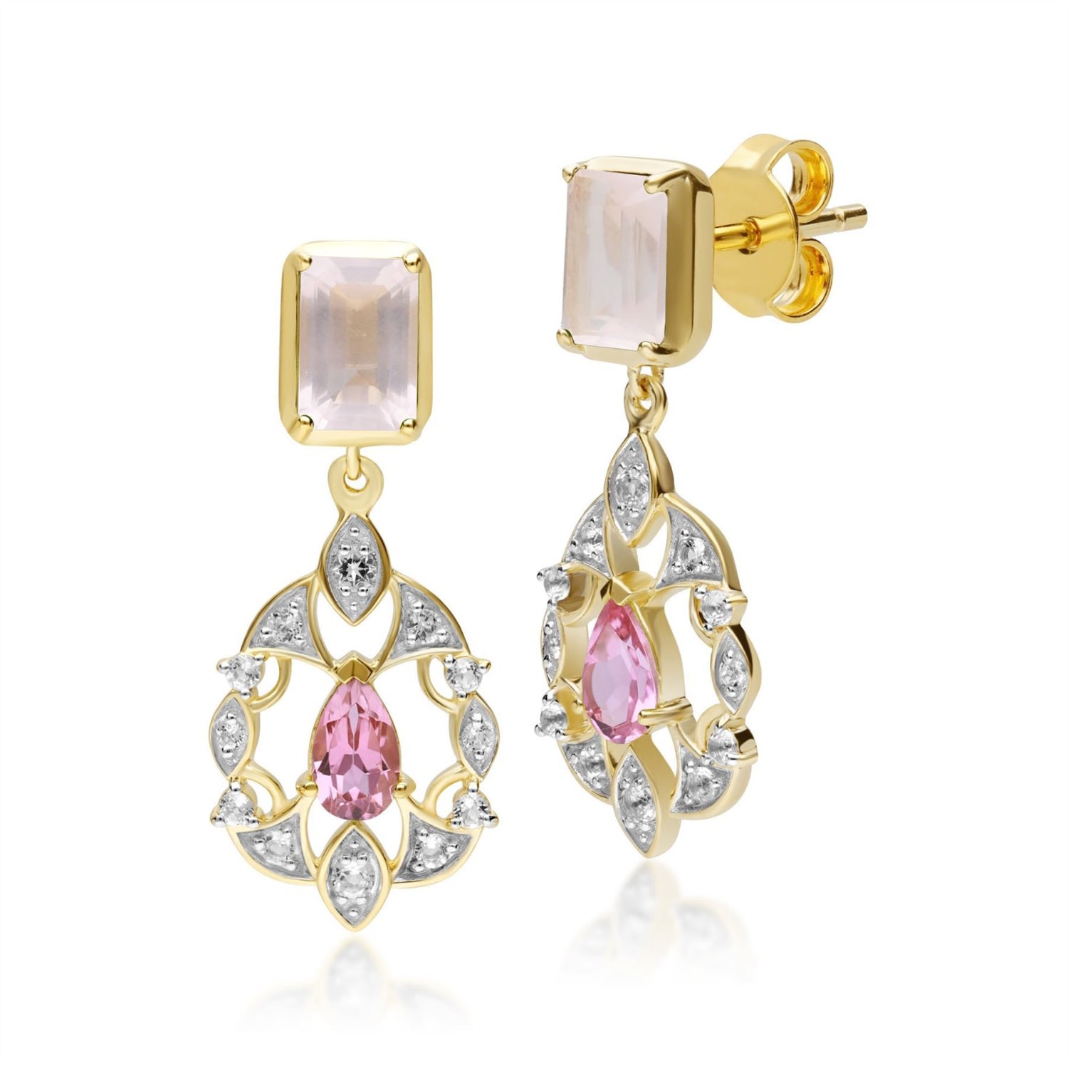 Women’s Pink / Purple Rose Quartz, Tourmaline & Topaz Floral Drop Earrings Gemondo