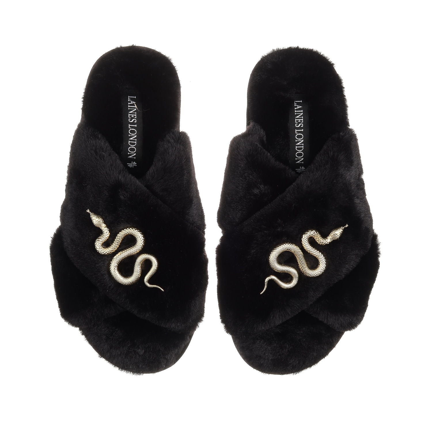 Women’s Classic Laines Slippers With Gold Metal Snake Brooches - Black Small Laines London