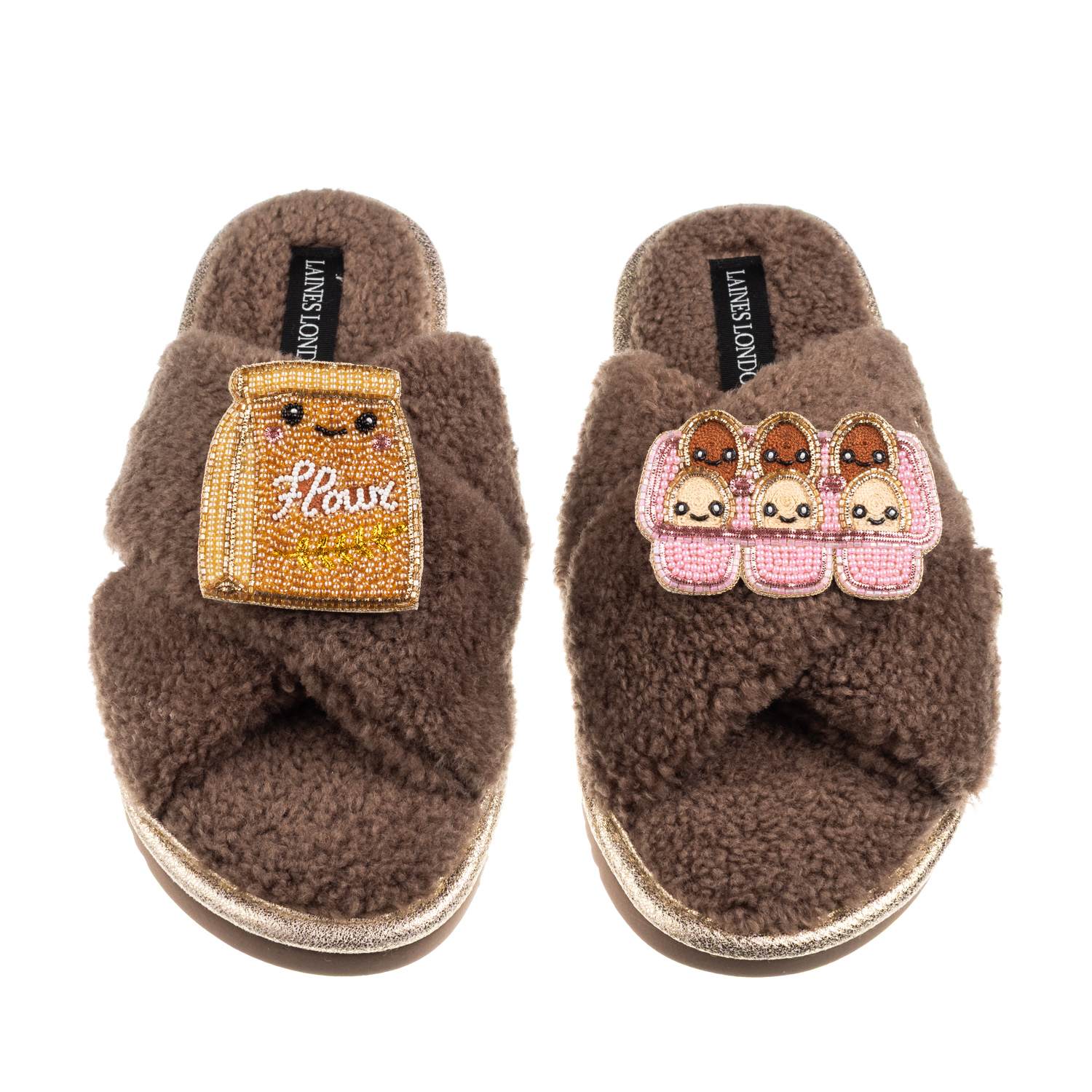 Laines London Women's Brown / Neutrals Laines Boucle Slippers With Laines Lovables Egg & Flour Brooches - Mink In Brown