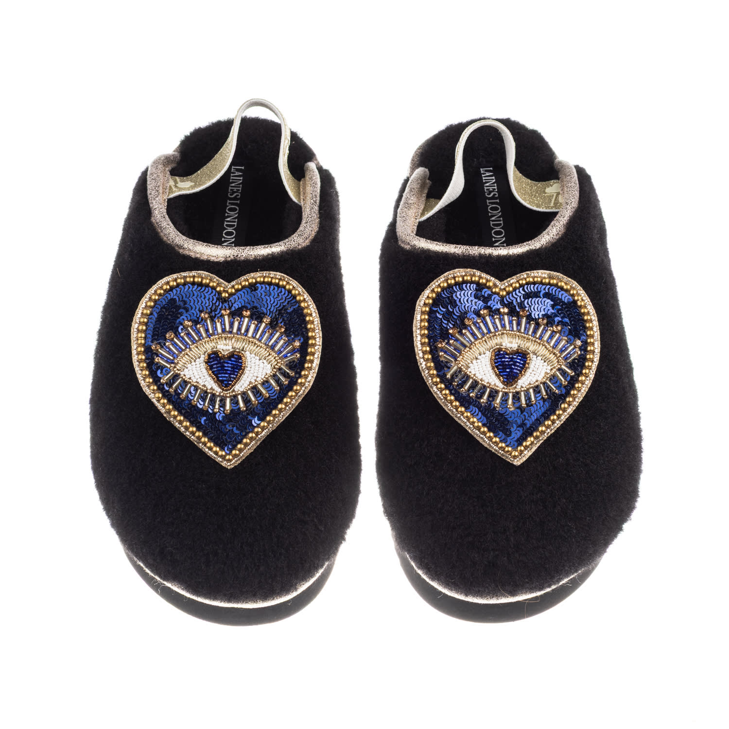 Laines London Women's Black / Gold Flatform Cloud Slippers With Double Blue Heart Eye Brooches - Black