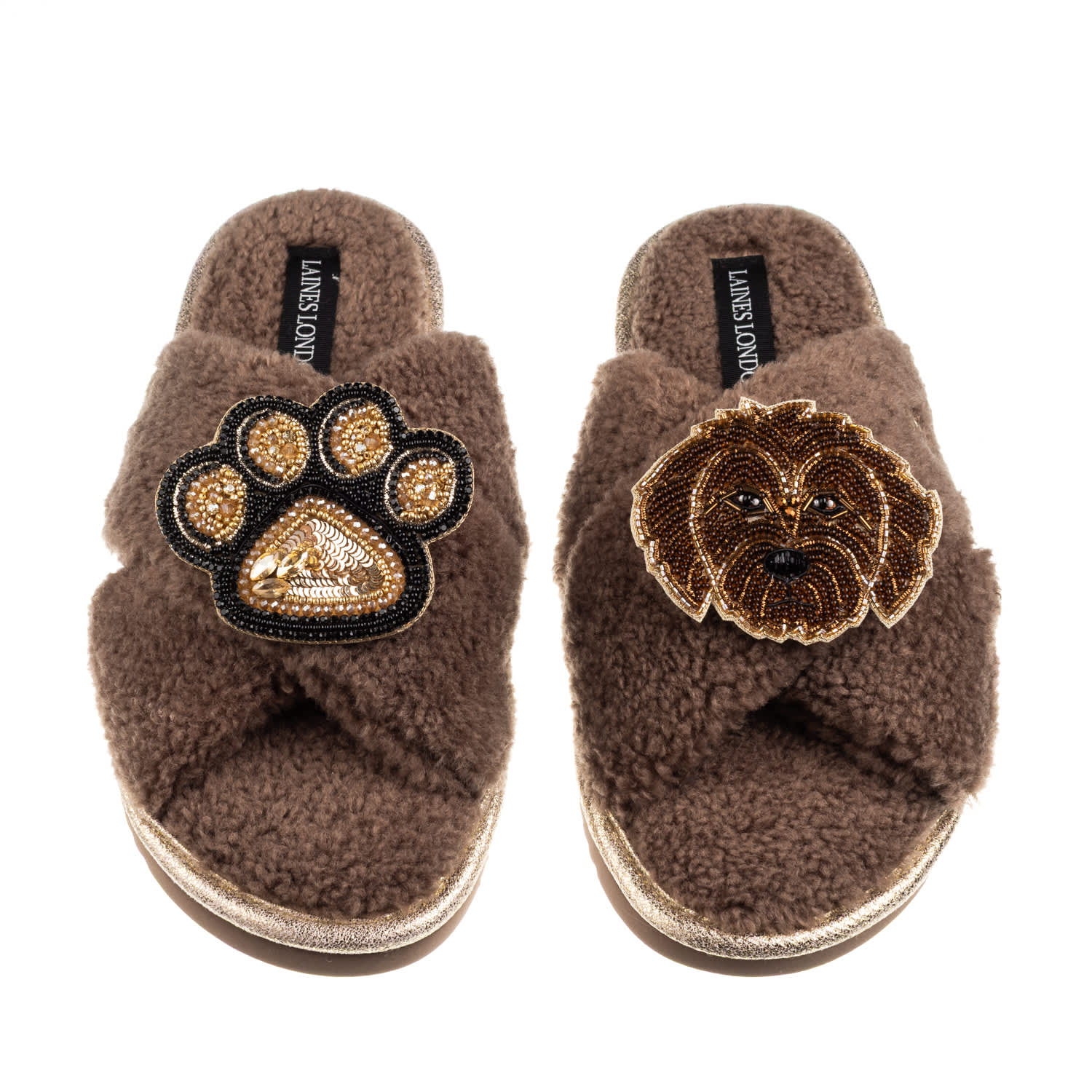 Laines London Women's Brown / Neutrals Boucle Slippers With Paw & Chocolate Cockapoo Brooches - Mink In Brown