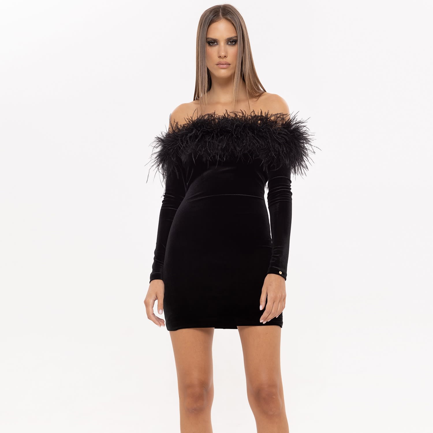 Velvet dress cheap with feathers