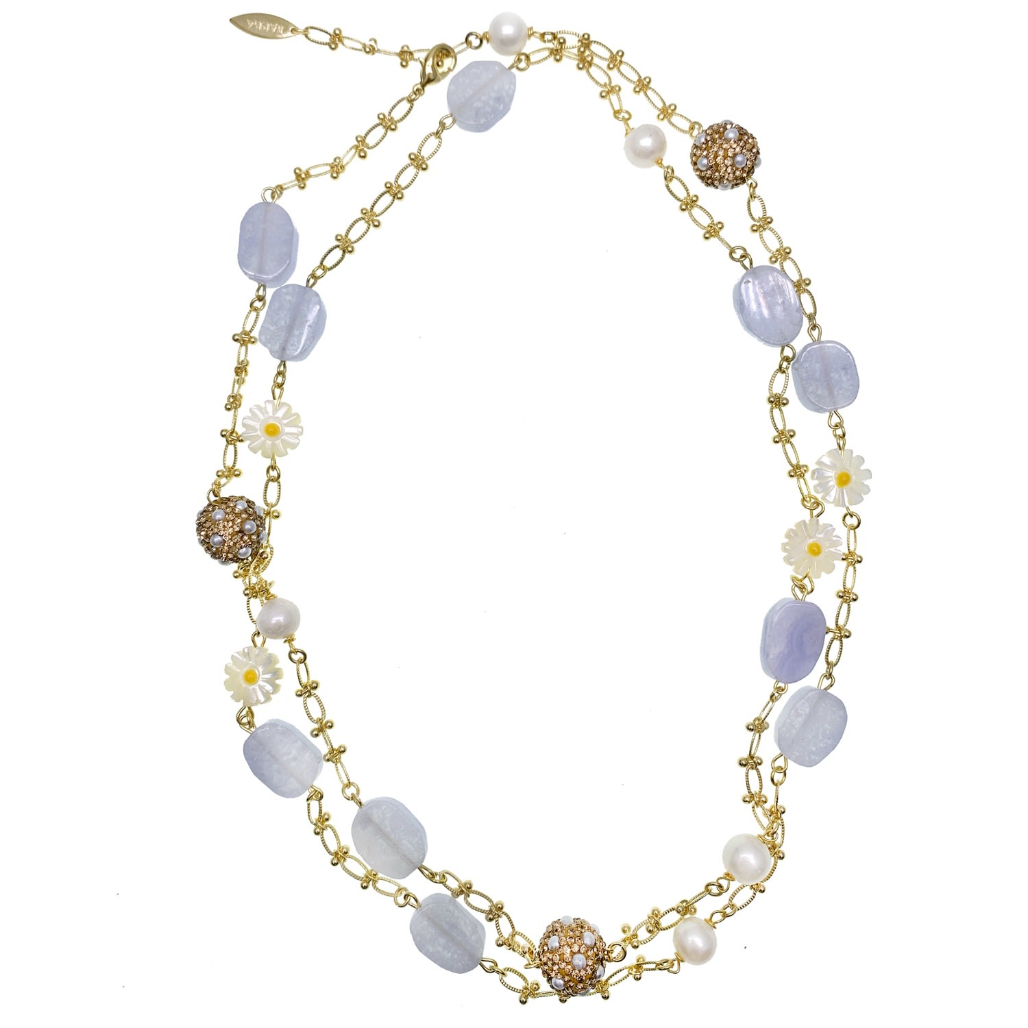 Women’s Blue Lace Agate With Sunflower Shell & Rhinestones Multi-Way Chain Necklace Farra