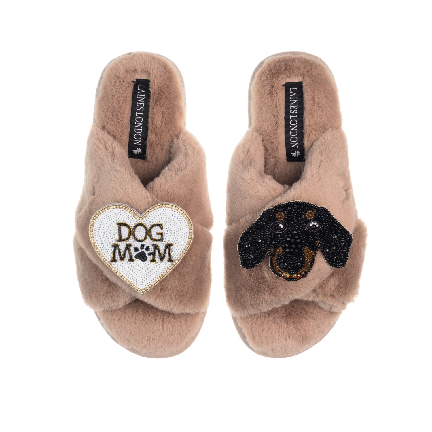 Women’s Brown Classic Laines Slippers With Little Sausage & Dog Mum / Mom Brooches - Toffee Extra Large Laines London