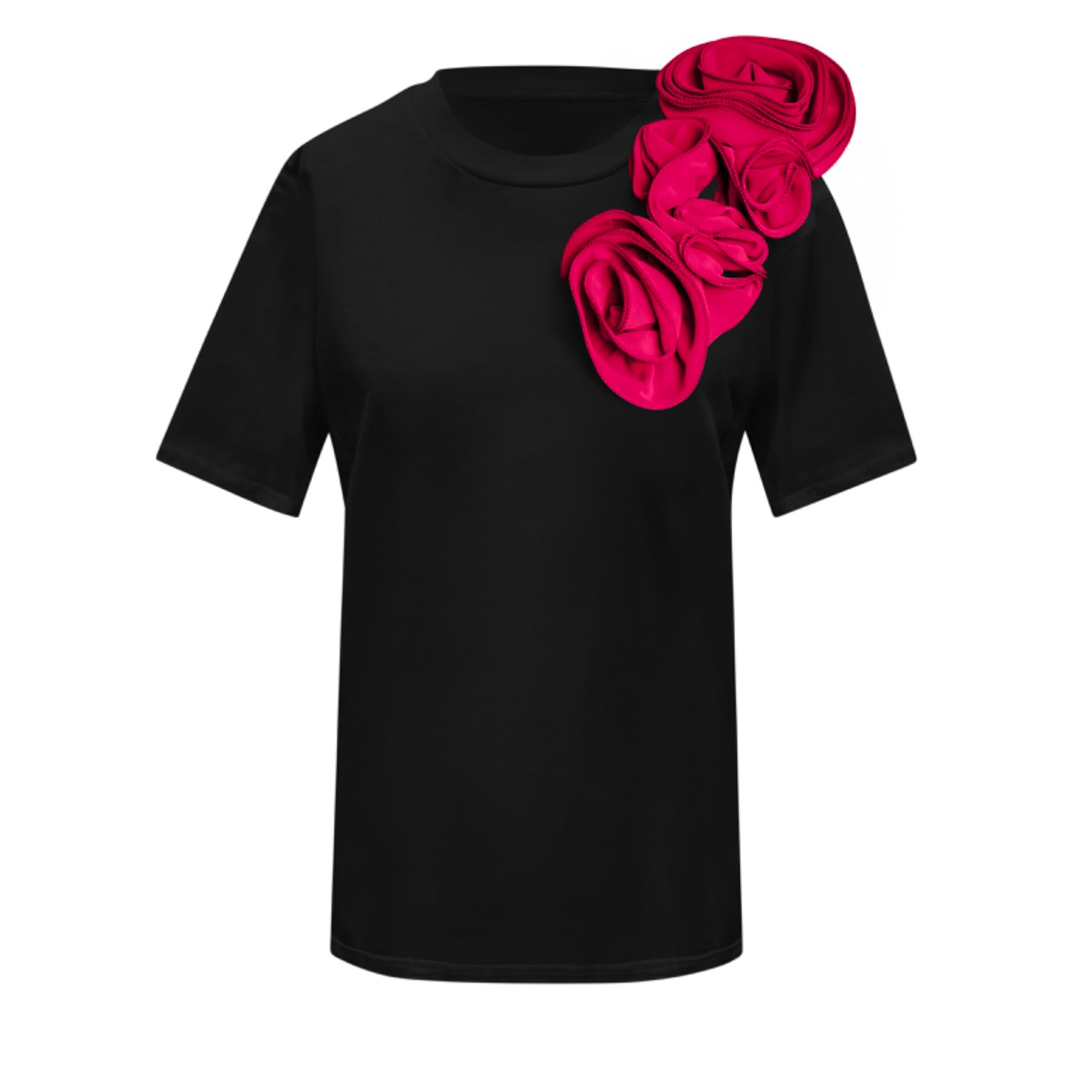 Toma Women's Black / Pink / Purple Flower Summer Sided Fuchsia Roses Black Cotton T-shirt