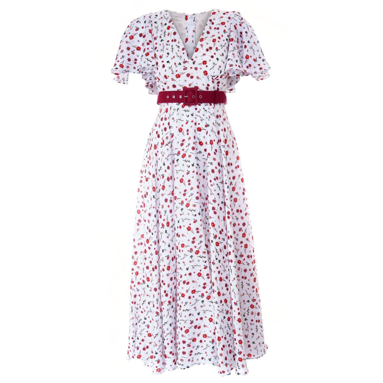 Women’s White / Red Floral Print Linen Dress Medium Sofia Tsereteli