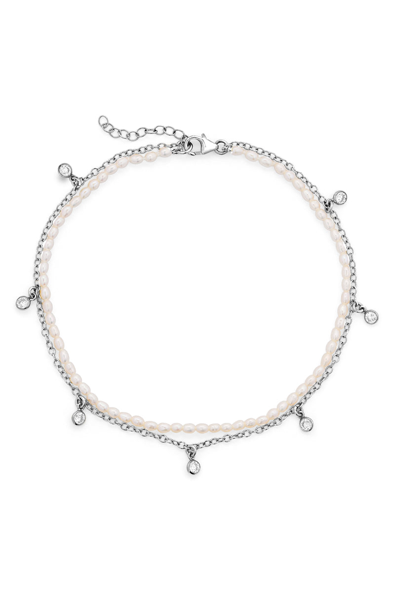 Naiia Women's Rose Silver Cz Gemstone And Pearl Double Anklet