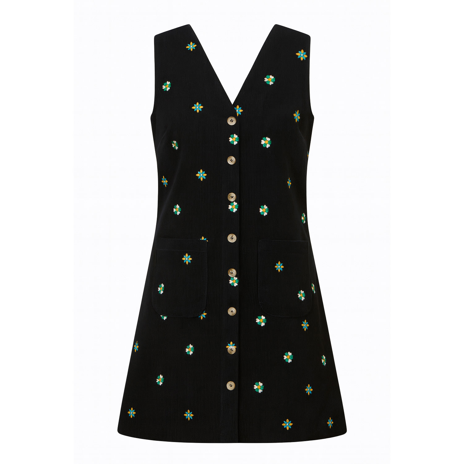 Yumi Women's  Black Flower Embroidered Button Up Pinafore Dress In Black
