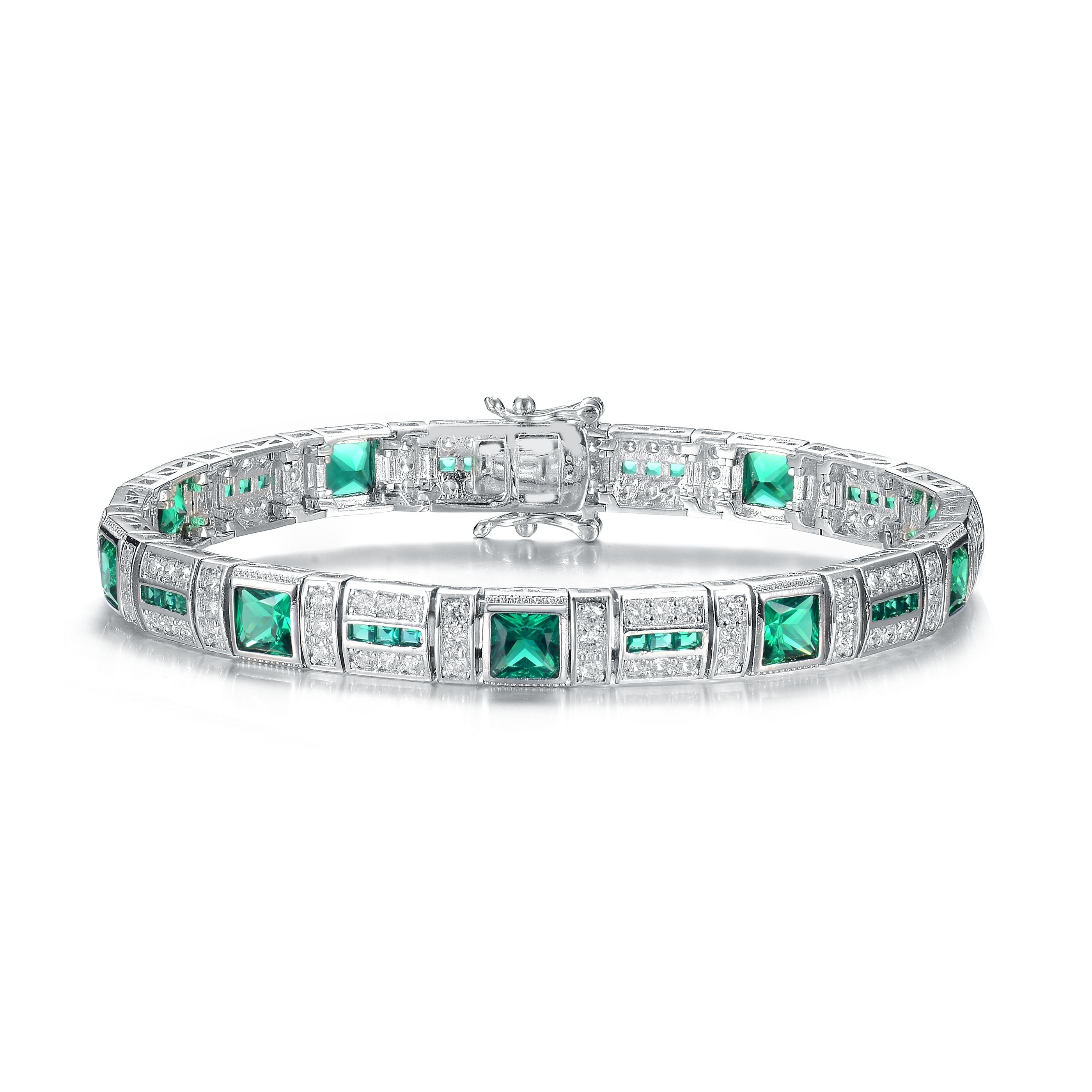 Genevive Jewelry Women's Green / White White Gold Plated Emerald Cubic Zirconia Tennis Bracelet In Multi