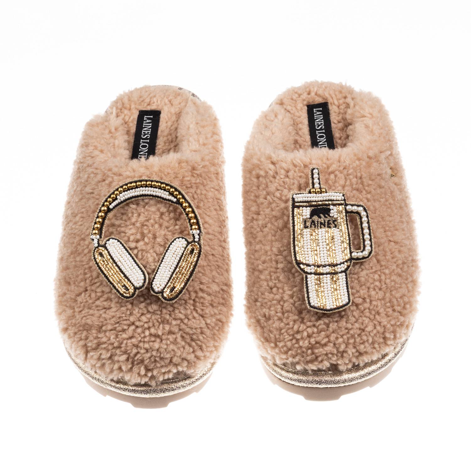 Laines London Women's Brown / Neutrals Teddy Closed Toe Slippers With Headphones & Quencher Brooches - Toffee In Brown
