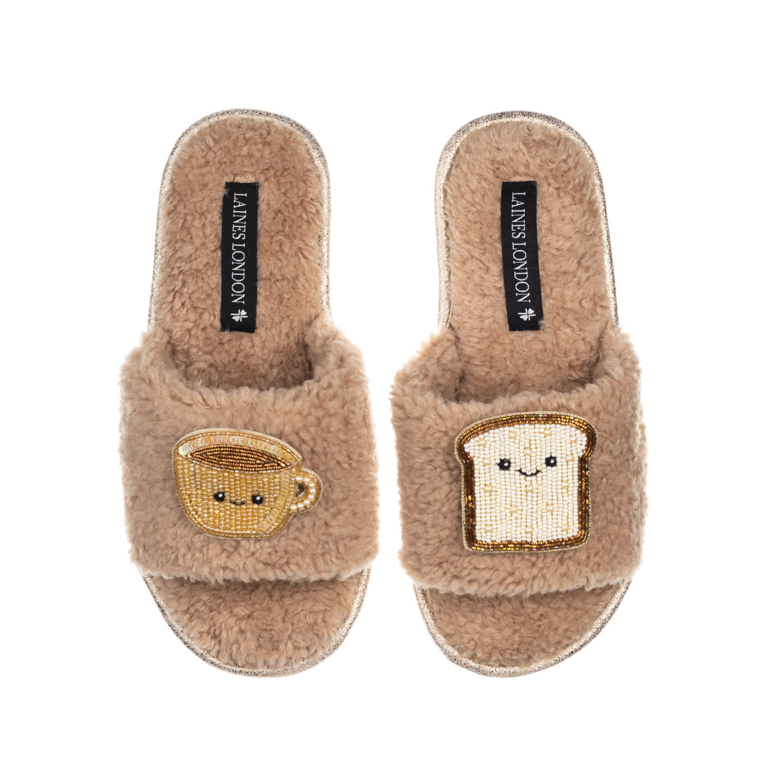 Laines London Women's Brown Teddy Slider Slippers With Laines Loveables Tea & Toast Brooches - Toffee In Brown
