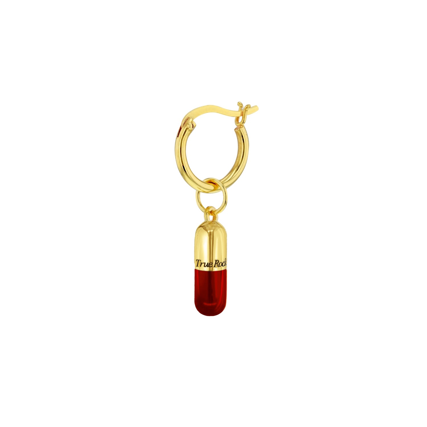 Women&rsquo;s Red Enamel & Gold Plated Mini Pill On An Gold Plated Hoop | True Rocks