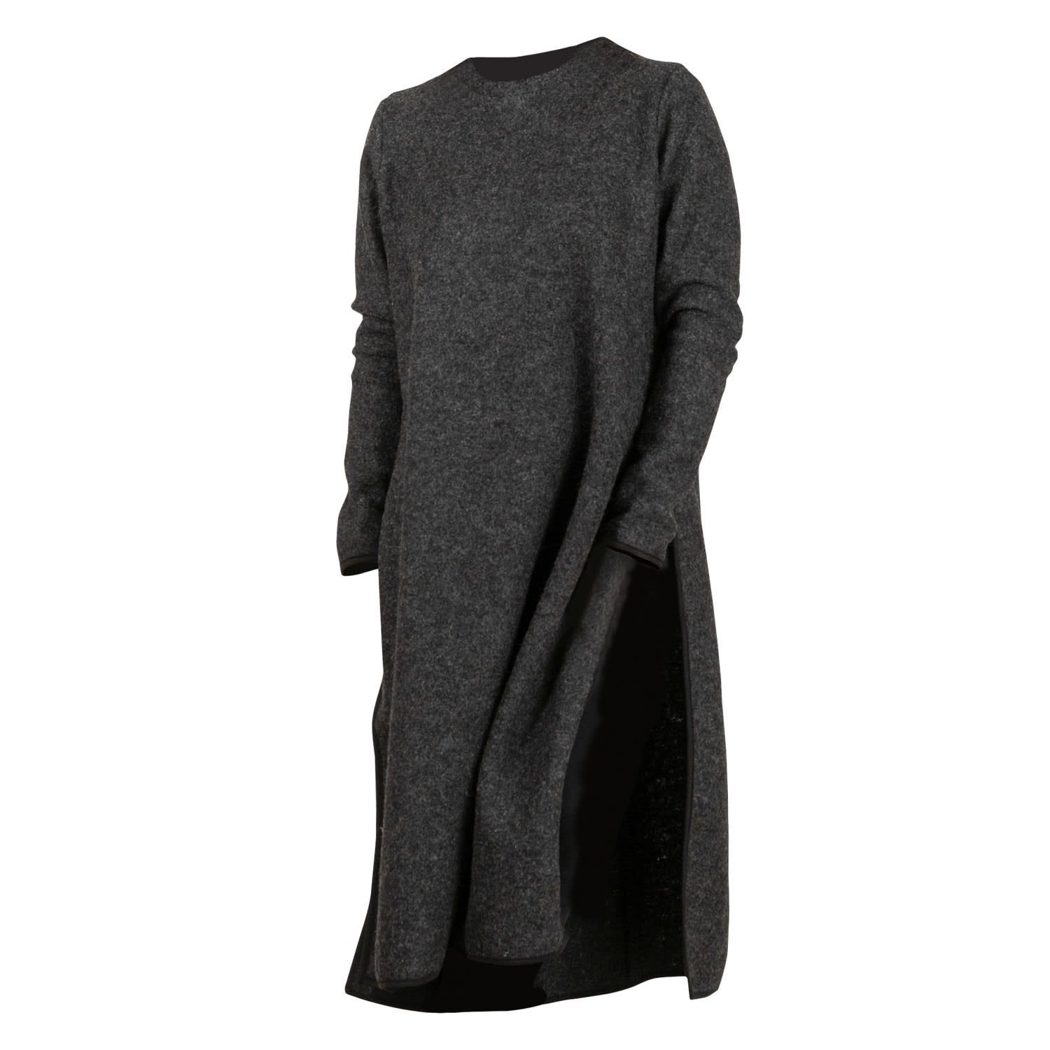 Women's Grey Minimalist Boiled Wool Sweater Dress With Long Sleeves And Slits In Charcoal Gray | Large | Nikka Place