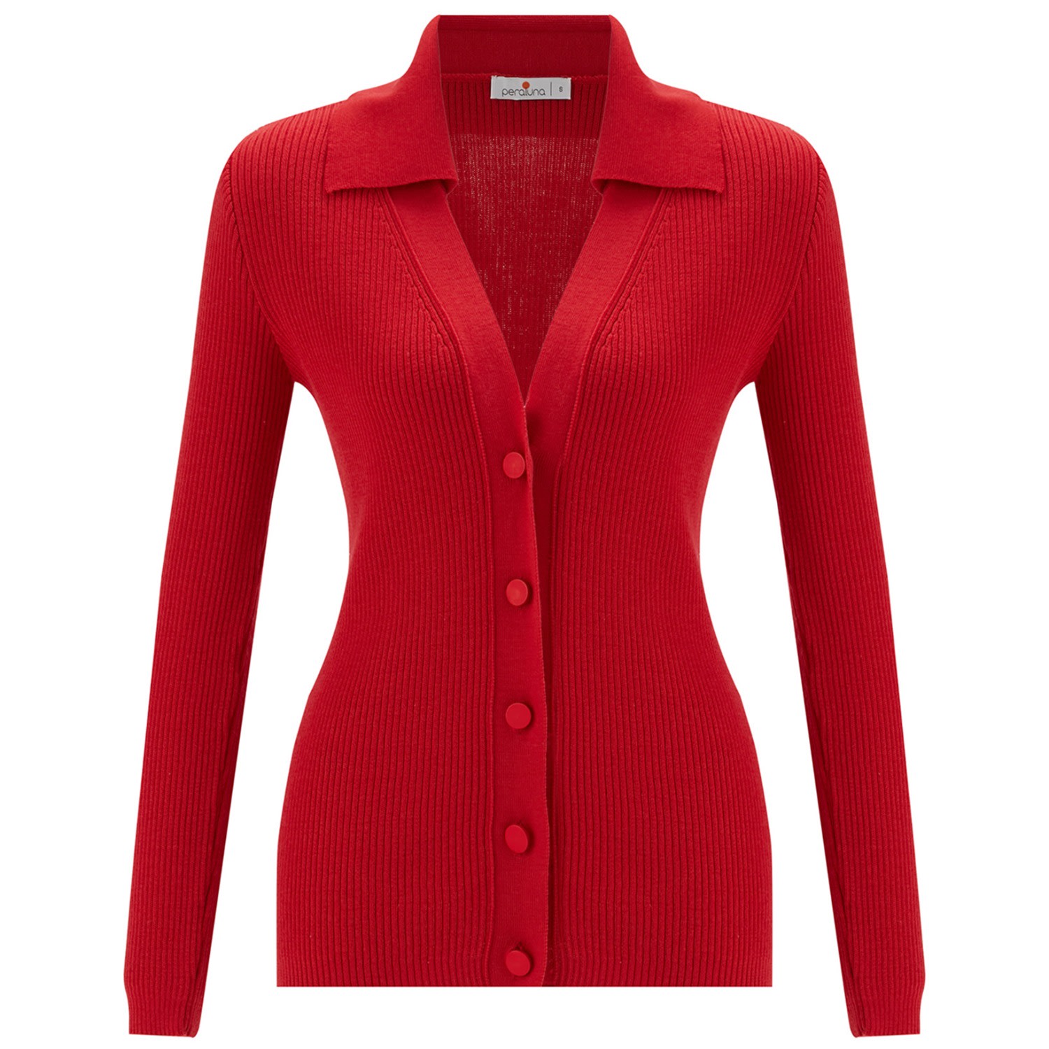 Women’s Polo V-Neck Ribbed Knit Cardigan - Red Large Peraluna