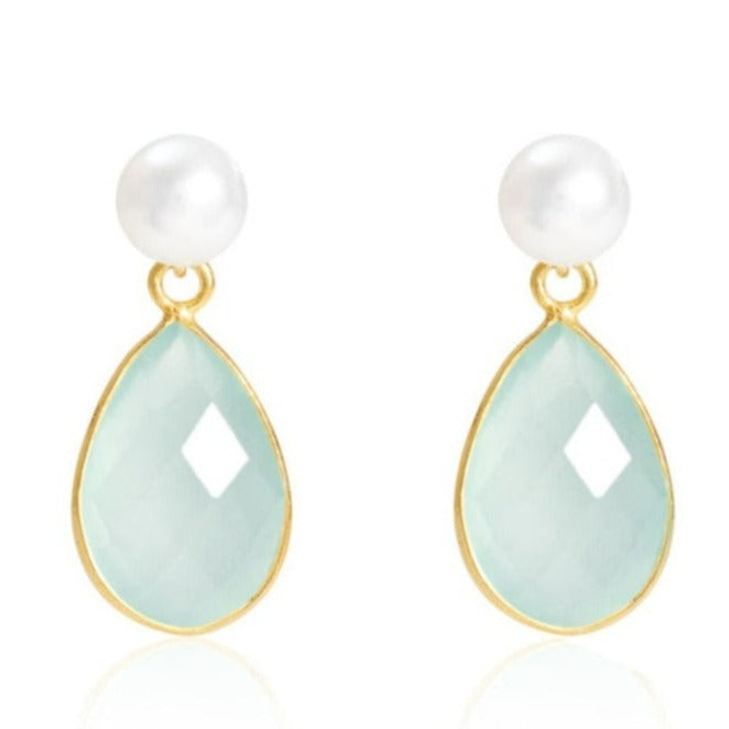 Pearls Of The Orient Online Women's White / Blue Clara Cultured Freshwater Pearls & Aqua Chalcedony Drop Earrings In Multi