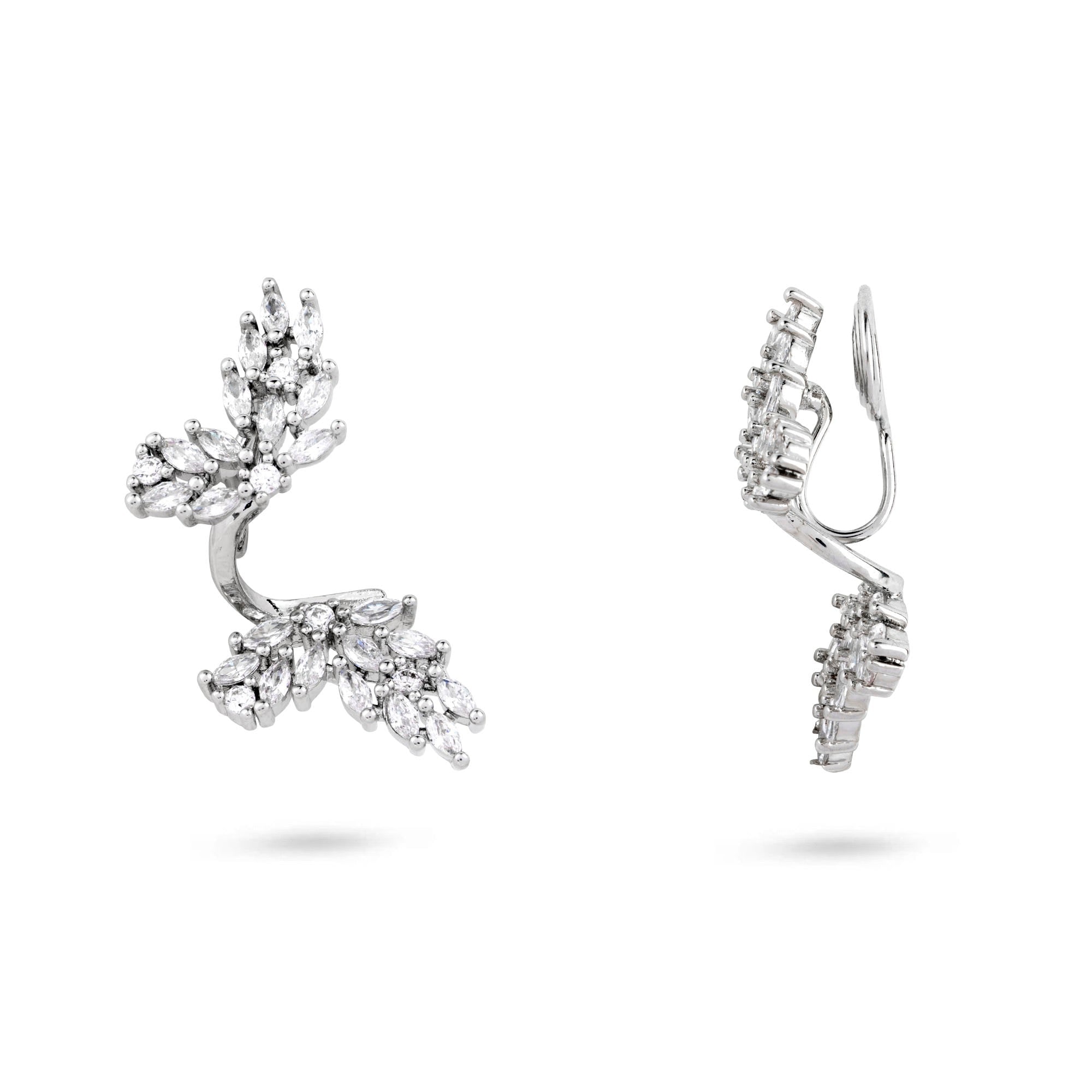 Gold Trip Women's White / Silver Crystal Leaf Clip On Earrings