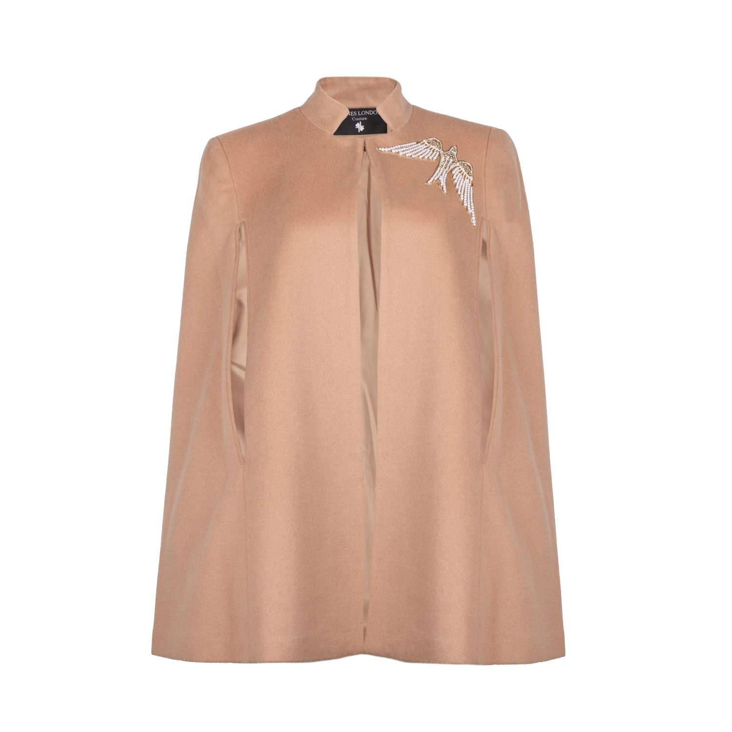 Women’s Neutrals Laines Couture Wool Blend Cape With Embellished Pearl & Gold Bird - Camel L/Xl Laines London