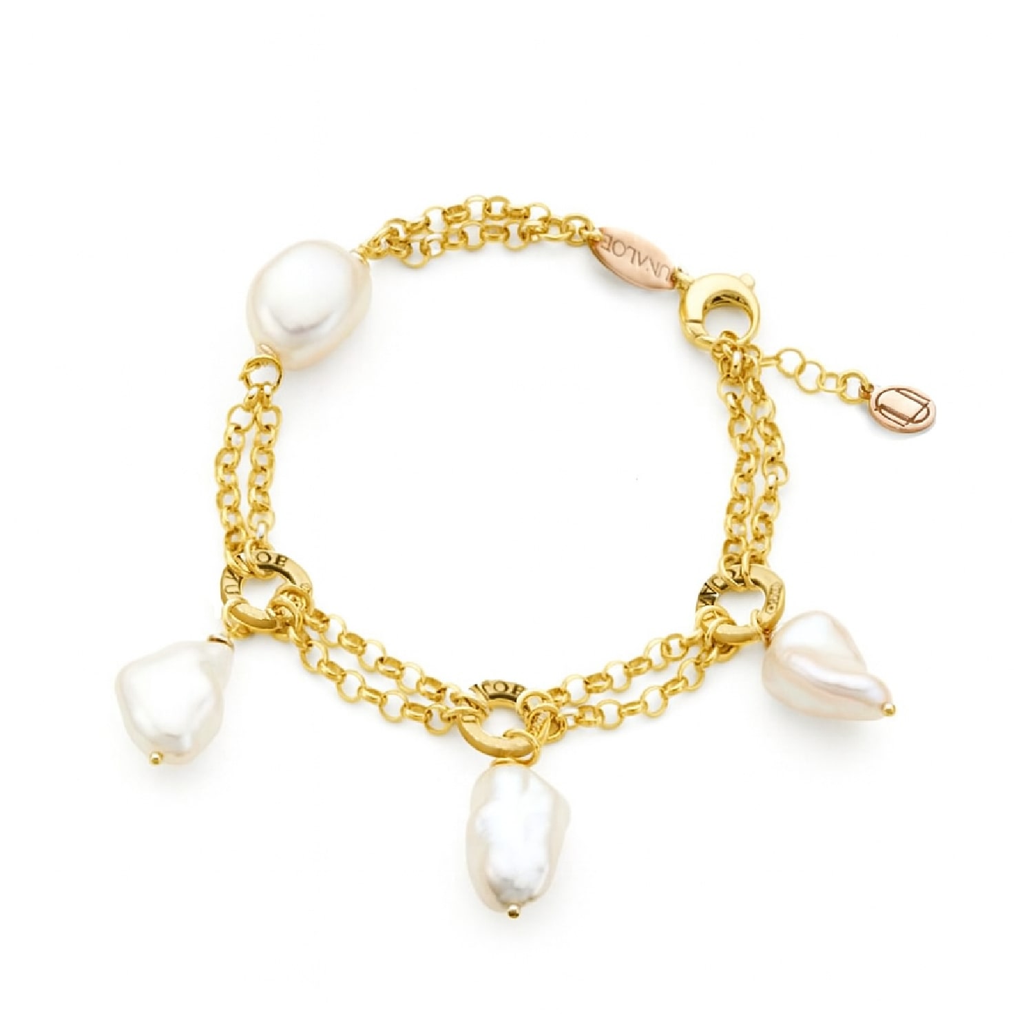 Unaloe Women's Gold / White Baroque Elegance – Sterling Silver-gold Plated Double Chain Bracelet With Natur In Multi