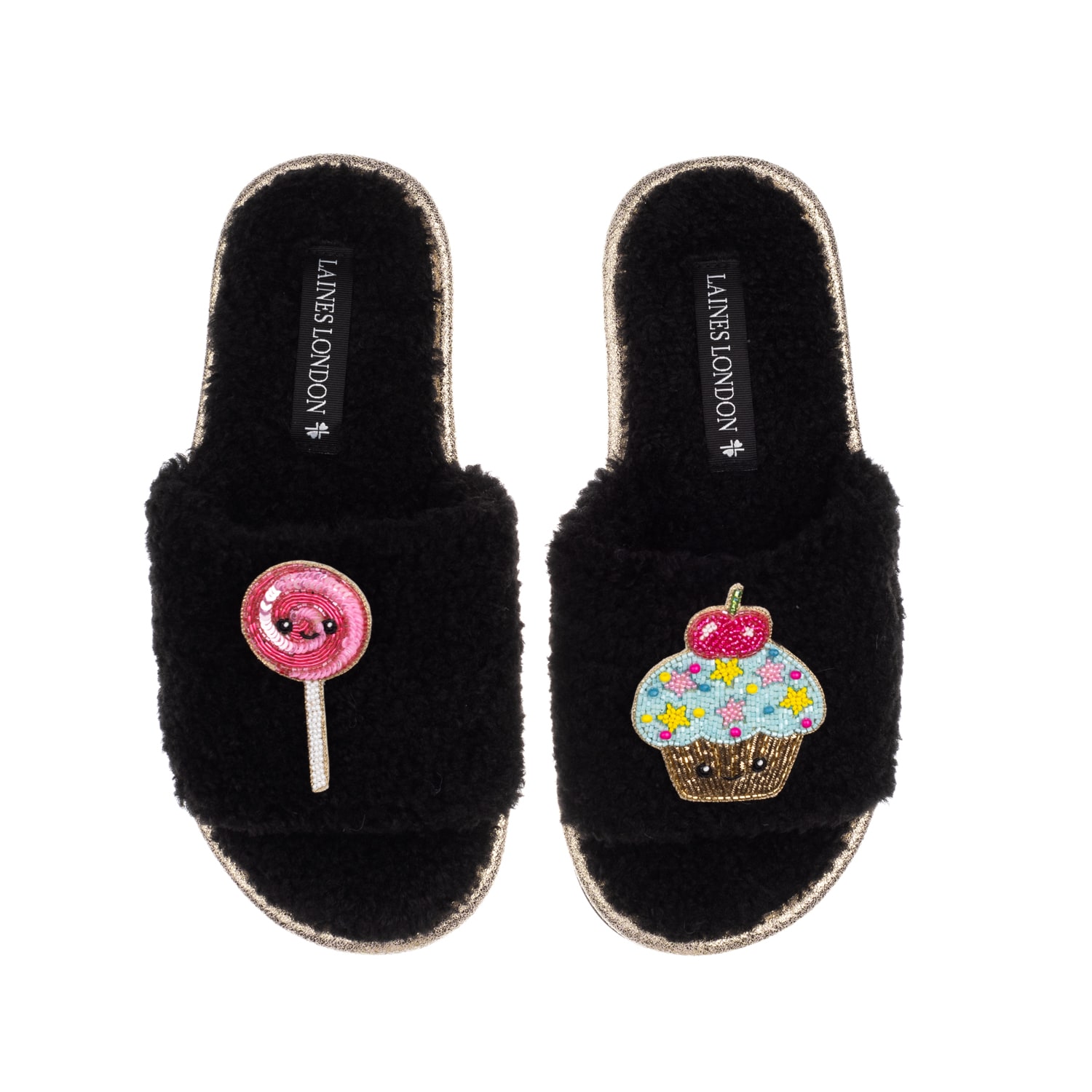 Laines London Women's Teddy Slider Slippers With Laines Loveables Lollipop & Cupcake Brooches - Black In Black