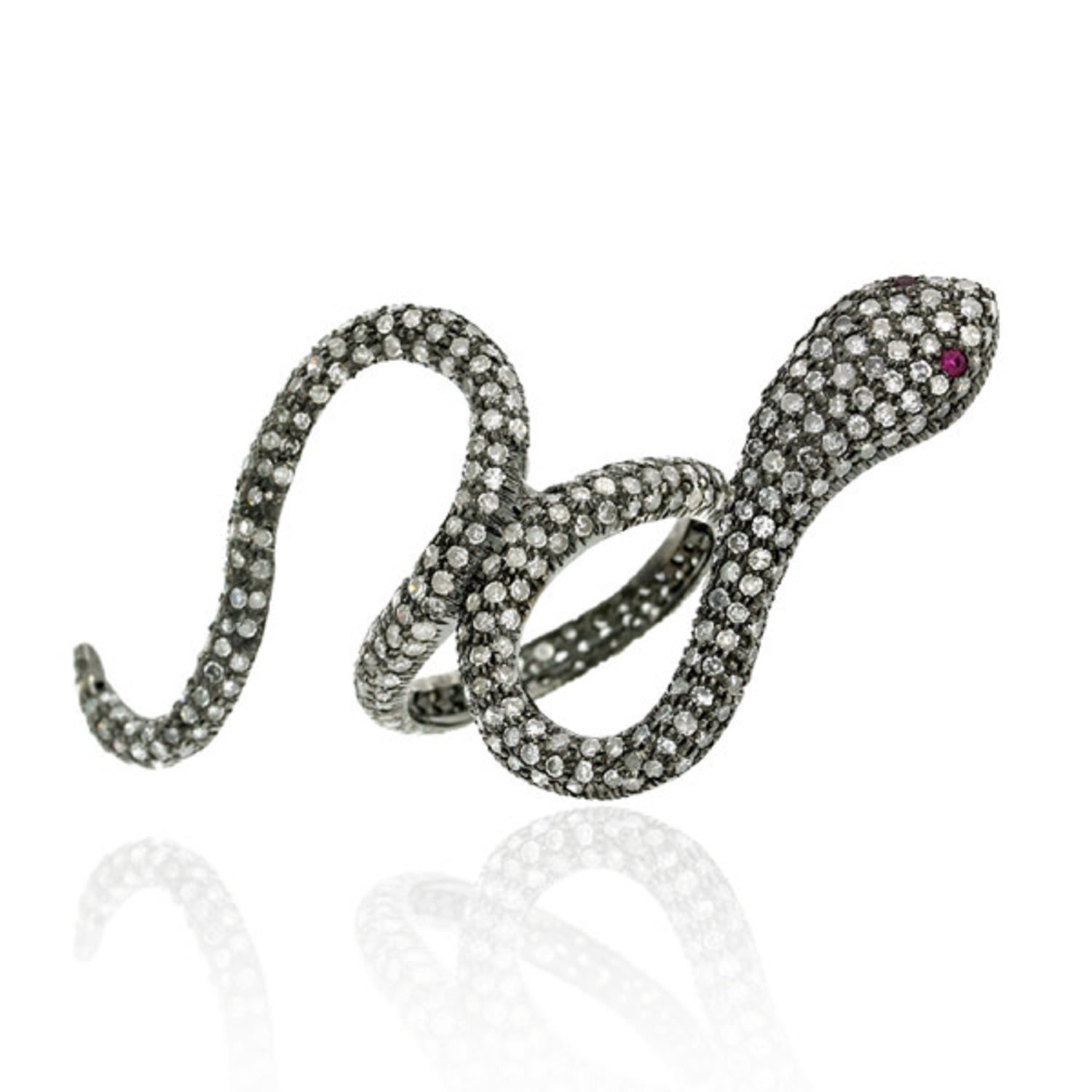 Women’s White / Silver Natural Pave Diamond Gemstone 925 Silver Ruby Snake Ring Jewelry Artisan