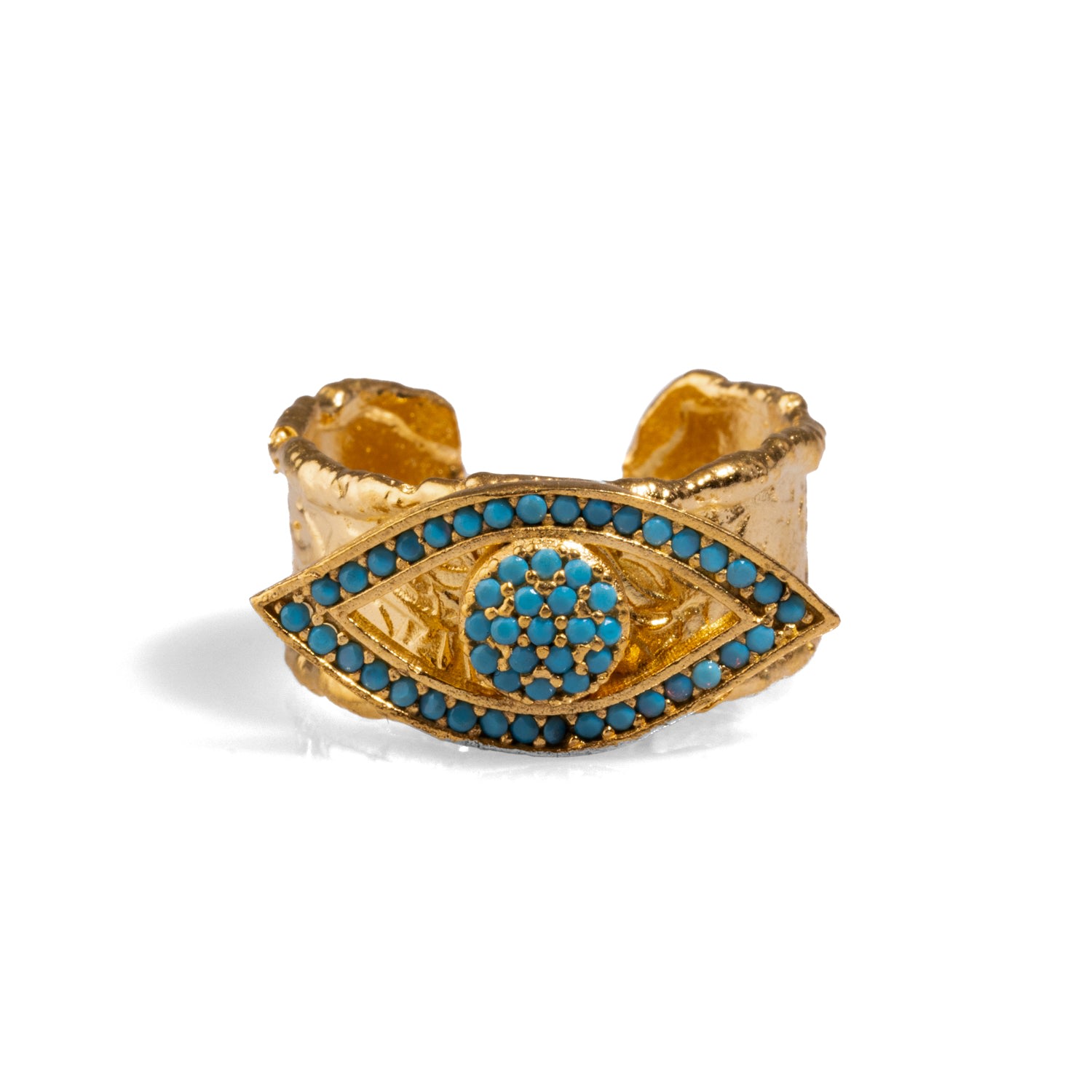 Ebru Jewelry Women's Gold / Blue Turquoise Evil Eye Design Gold Adjustable Statement Ring - Blue