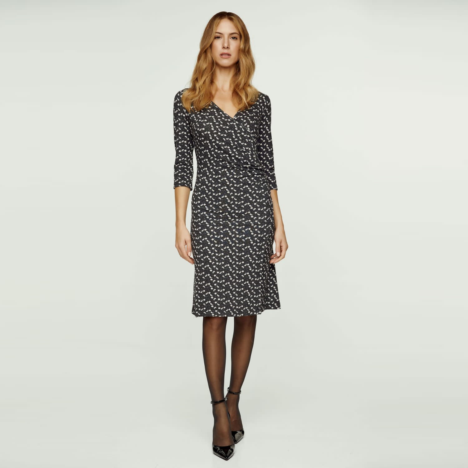 Print Faux Wrap Wool Dress, Conquista