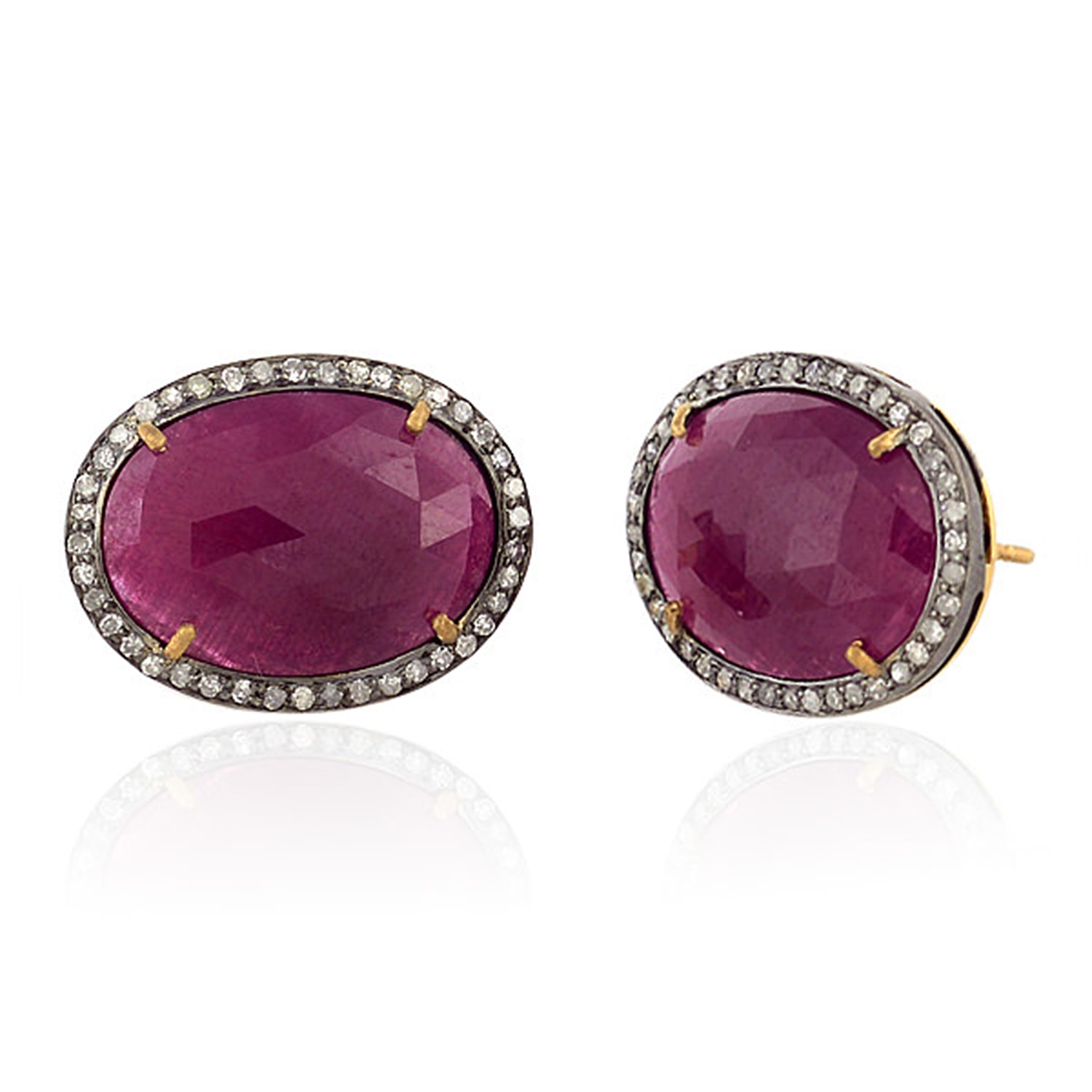 Women’s Silver / White / Red Oval Ruby Pave Diamond 18K Gold 925 Sterling Silver Stud Earrings Artisan