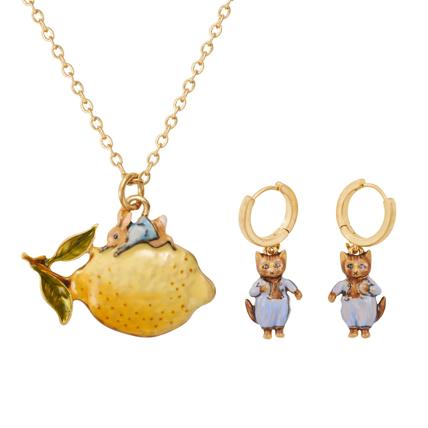 Fable England Women's Gold  X Peter Rabbit Lemon Necklace & Tom Kitten Earrings Set