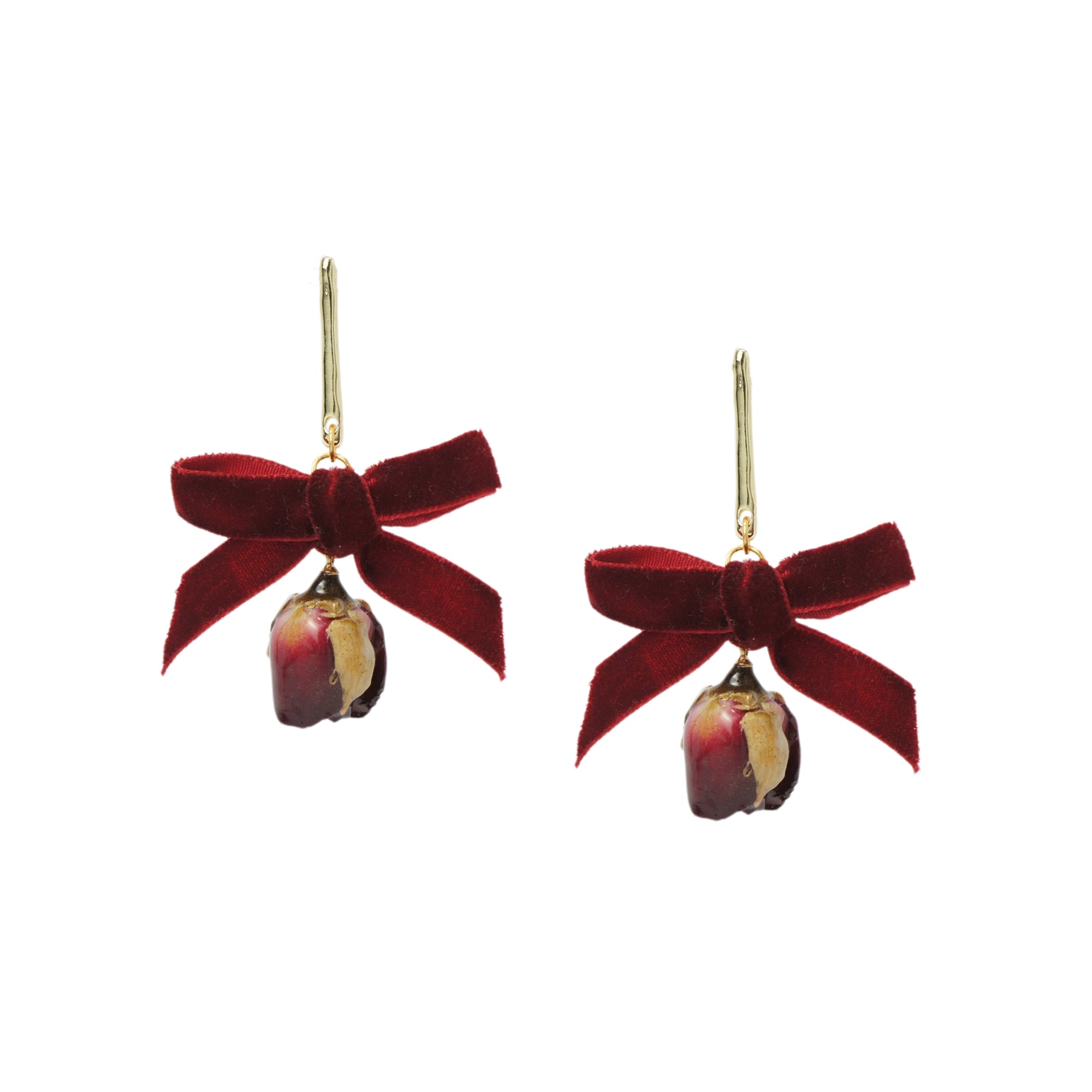 Women’s Real Flower Grande Amore Velour Bow & Rosebud Drop Earrings I’mmany London