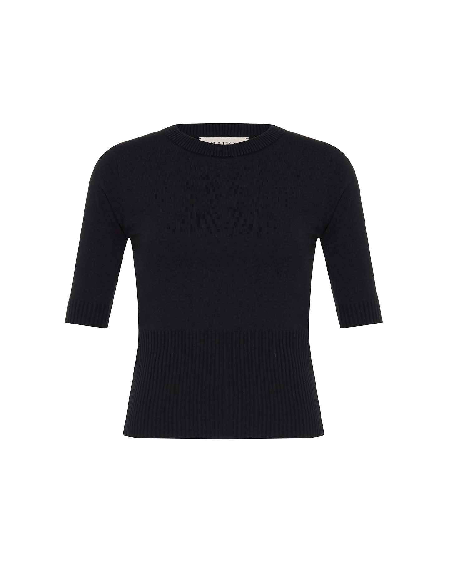 Theo The Label Women's Nomia Ribbed Waist Crew Sweater Tee - Black In Blue