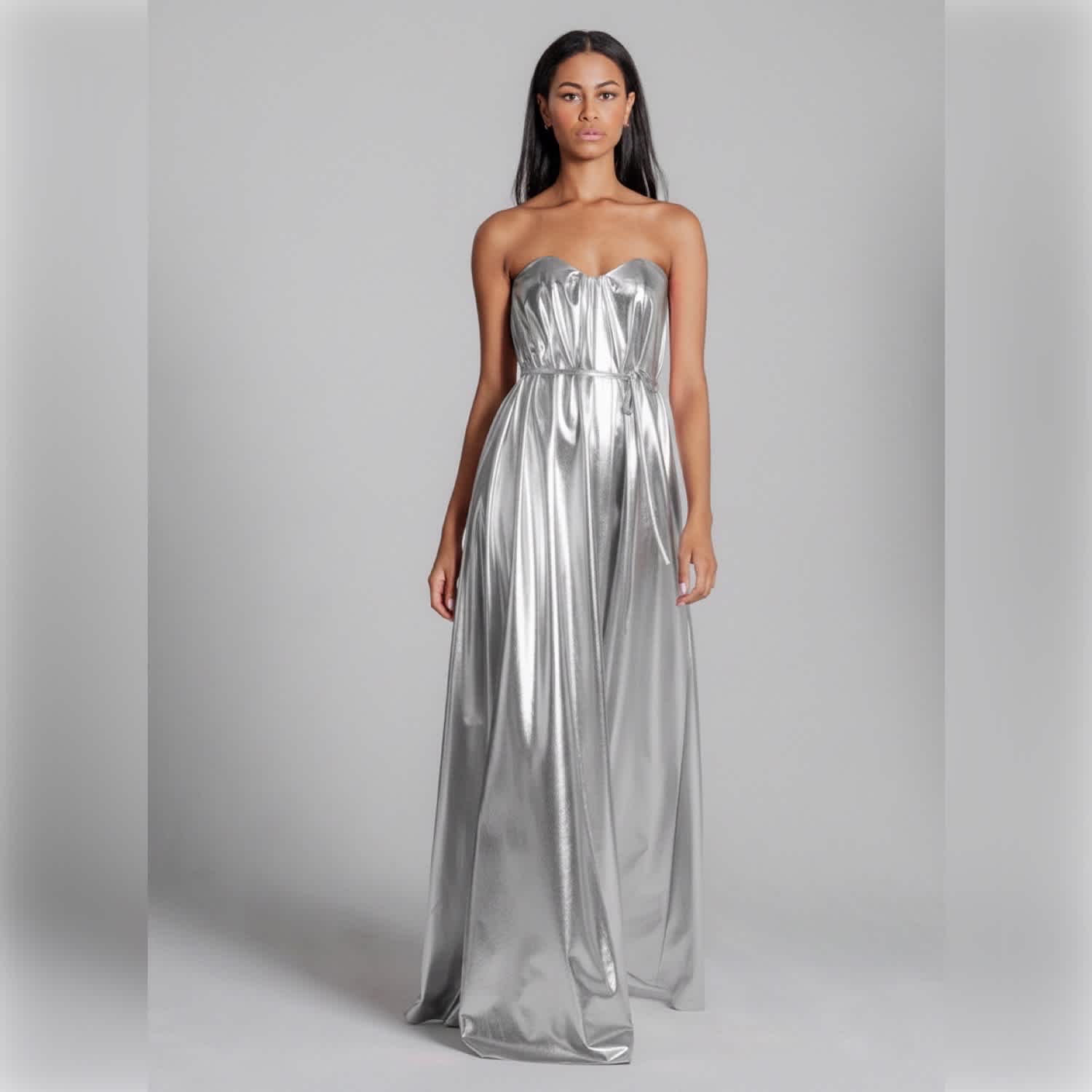 Quiet Glam Silver Metallic Faux Leather Gala Black Tie Dress Pockets  Sculpting Internal Corset | Imaatu | Wolf & Badger