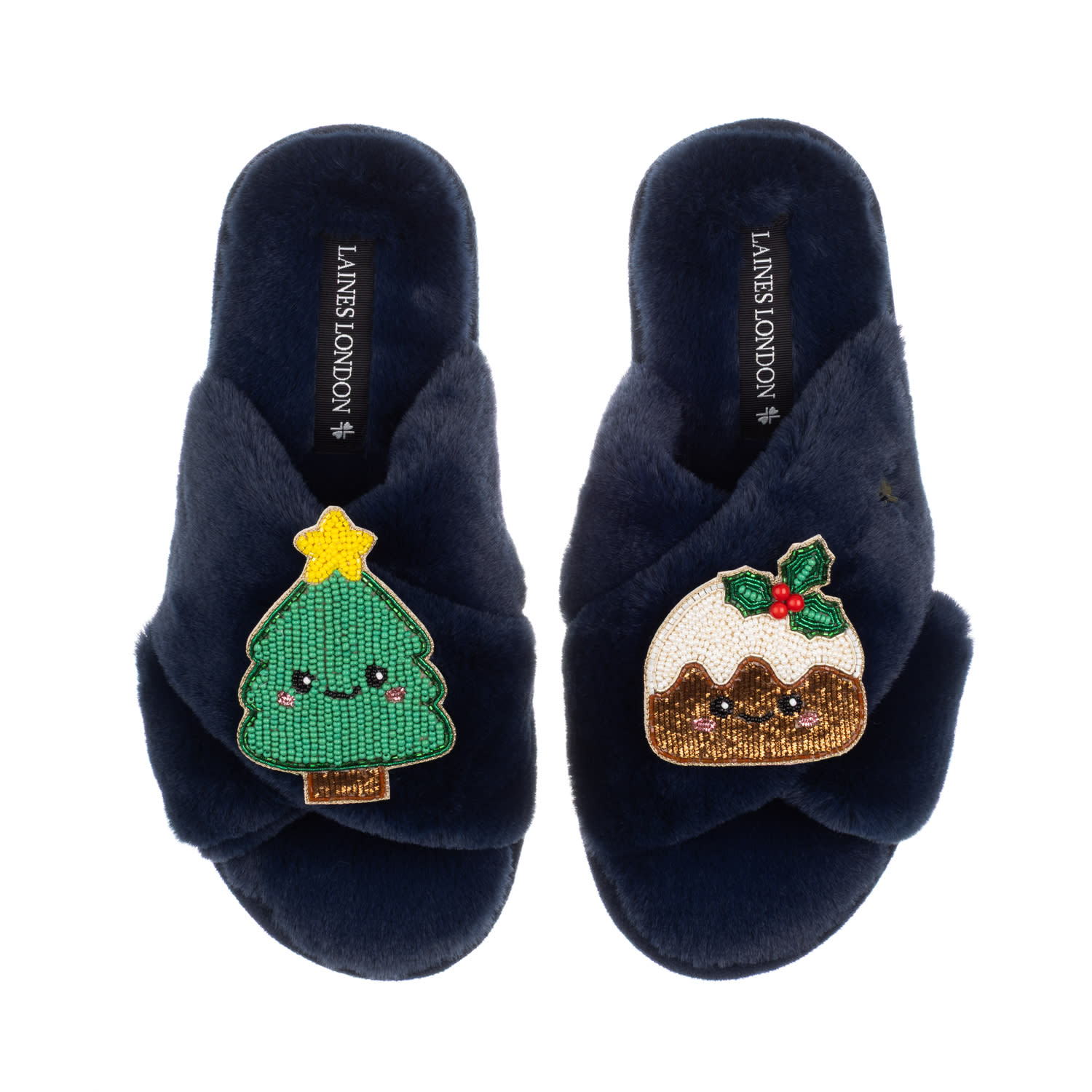 Laines London Women's Blue Classic Slippers With Christmas Laines Lovables Pudding & Tree Brooches - Navy In Blue