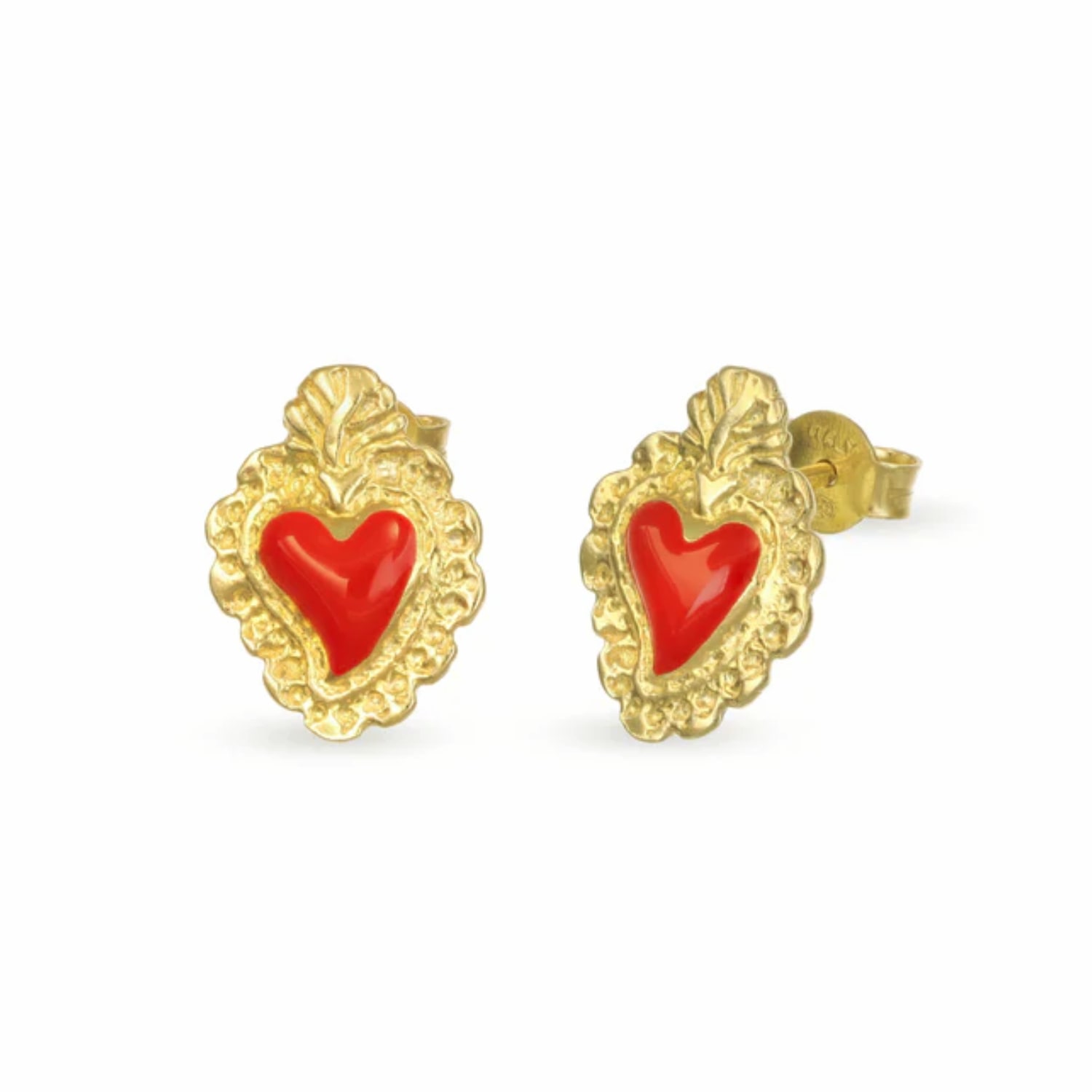 Unaloe Women's Gold / Red Gold-plated Stud Earrings With A Red Sacred Heart-shaped Pendant