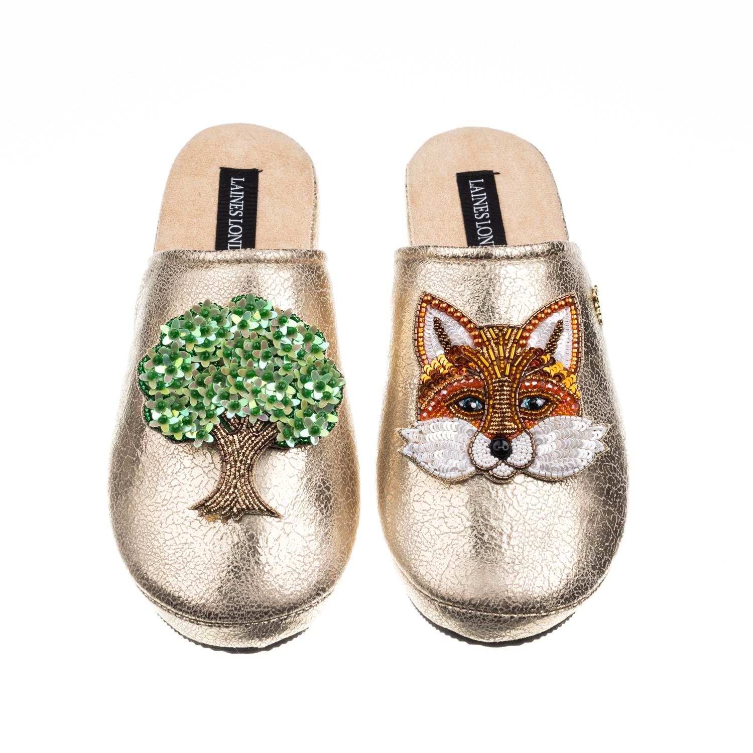 Laines London Women's  Gold Softie Slippers With Oak Tree & Fox Brooches In Gold