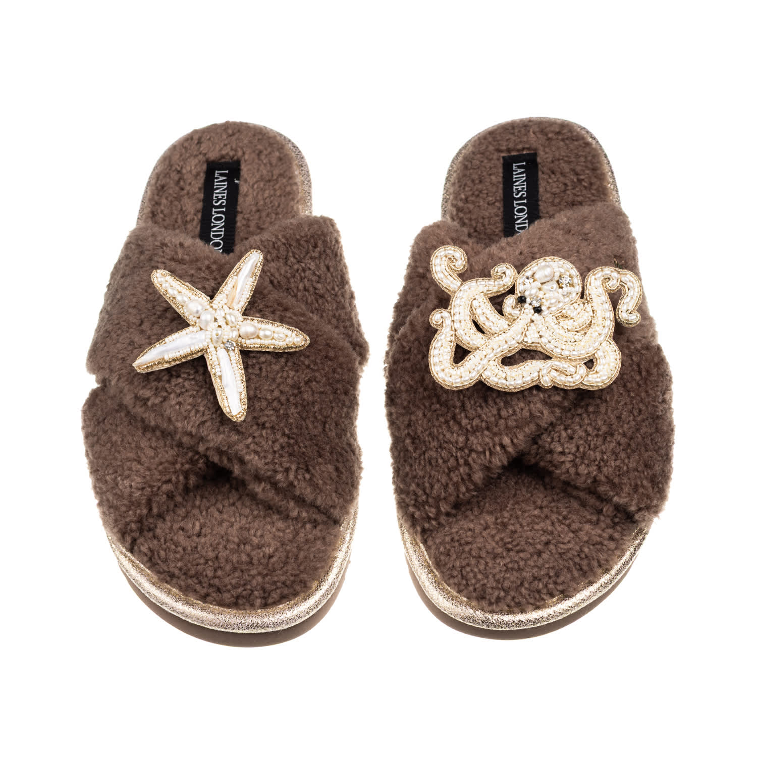 Laines London Women's Brown / Neutrals Laines Neutral Boucle Slippers With Pearl Starfish & Octopus Brooches - Min