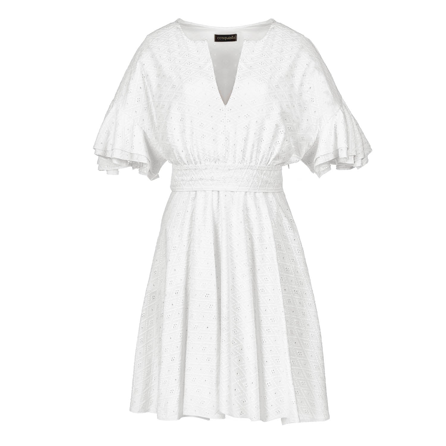 Conquista Women's White Embroidered Dress With Ruffle Sleeves In White