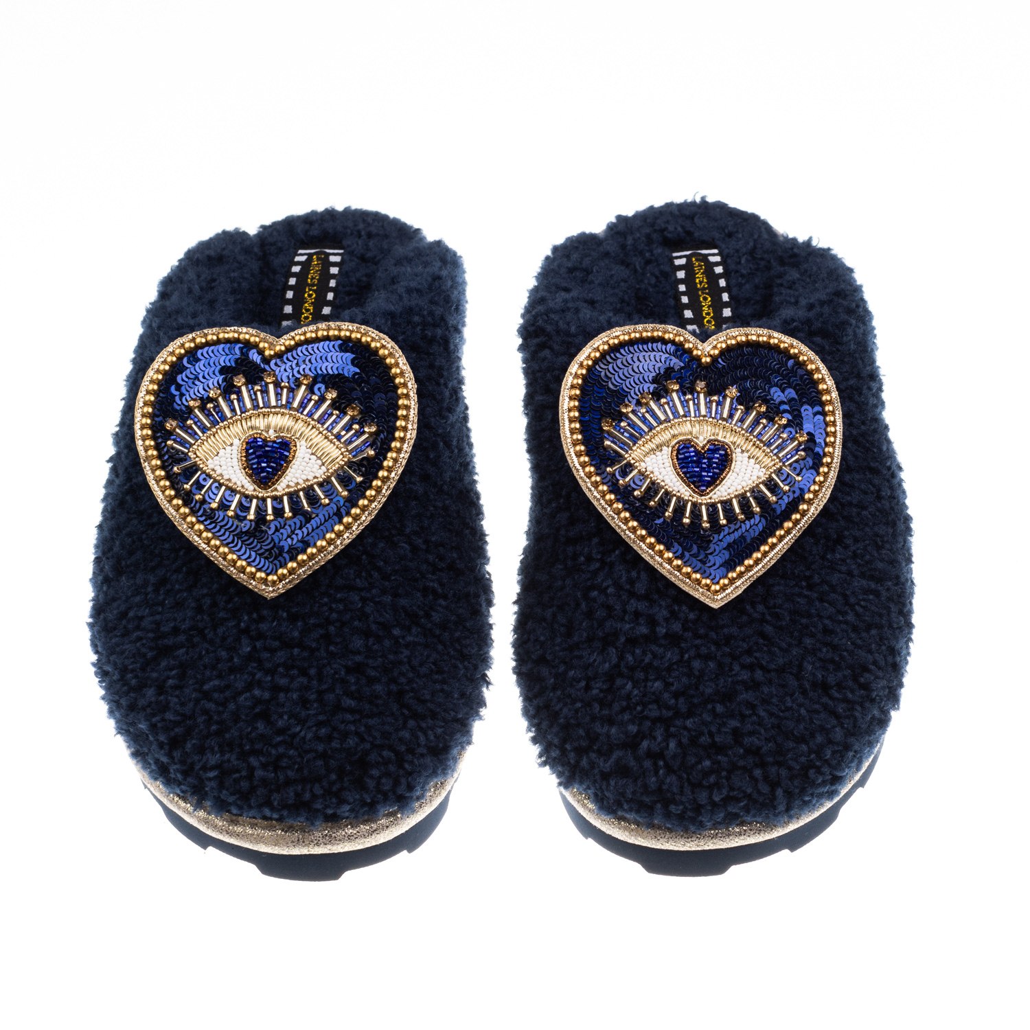 Laines London Women's Teddy Closed Toe Slippers With Double Blue Heart Eye Brooches - Navy In Blue