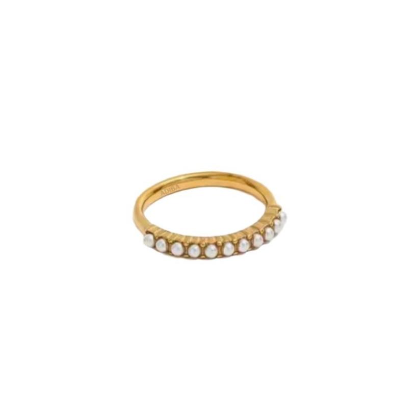 Adiba Women's Gold / White Line Of Pearls Gold Plated Stainless Steel Ring