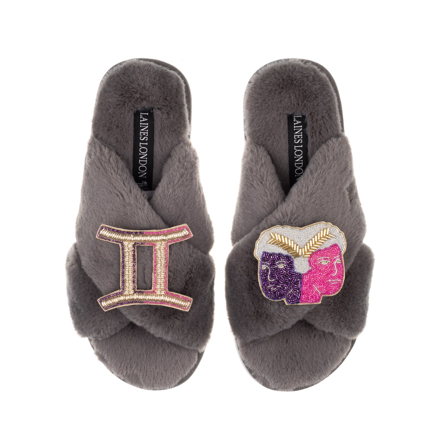 Laines London Women's Classic Laines Slippers With Gemini Zodiac Brooches - Grey In Grey