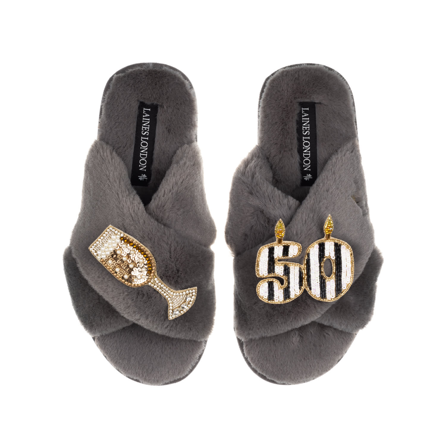 Laines London Women's Classic Laines Slippers With Stripe 50th Birthday & Glass Of Champagne Brooches - Grey In Grey
