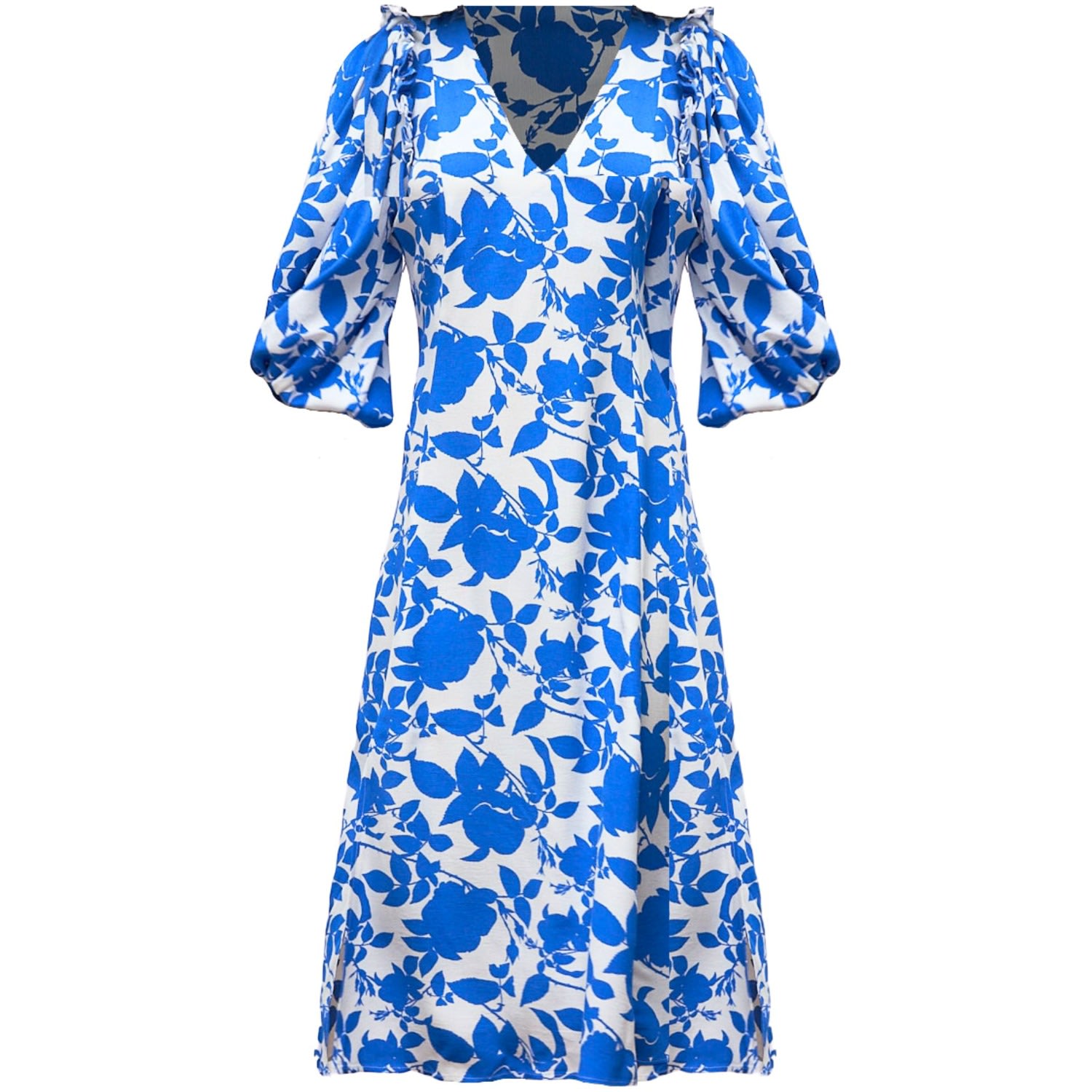 Women’s Blue / White The Sienna Puff Sleeve Frill Midi Dress - Blue, White Medium Lavaand