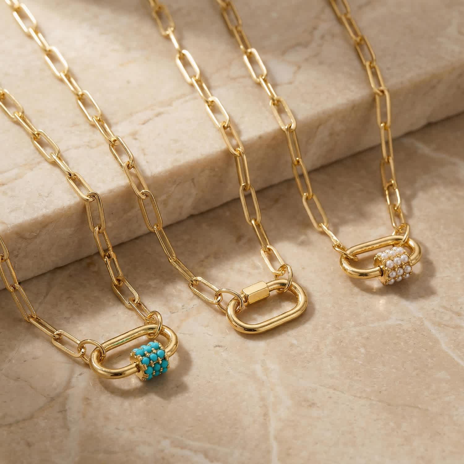 Daphne Gold Paperclip Necklace With Pearl Carabiner Lock | Amadeus