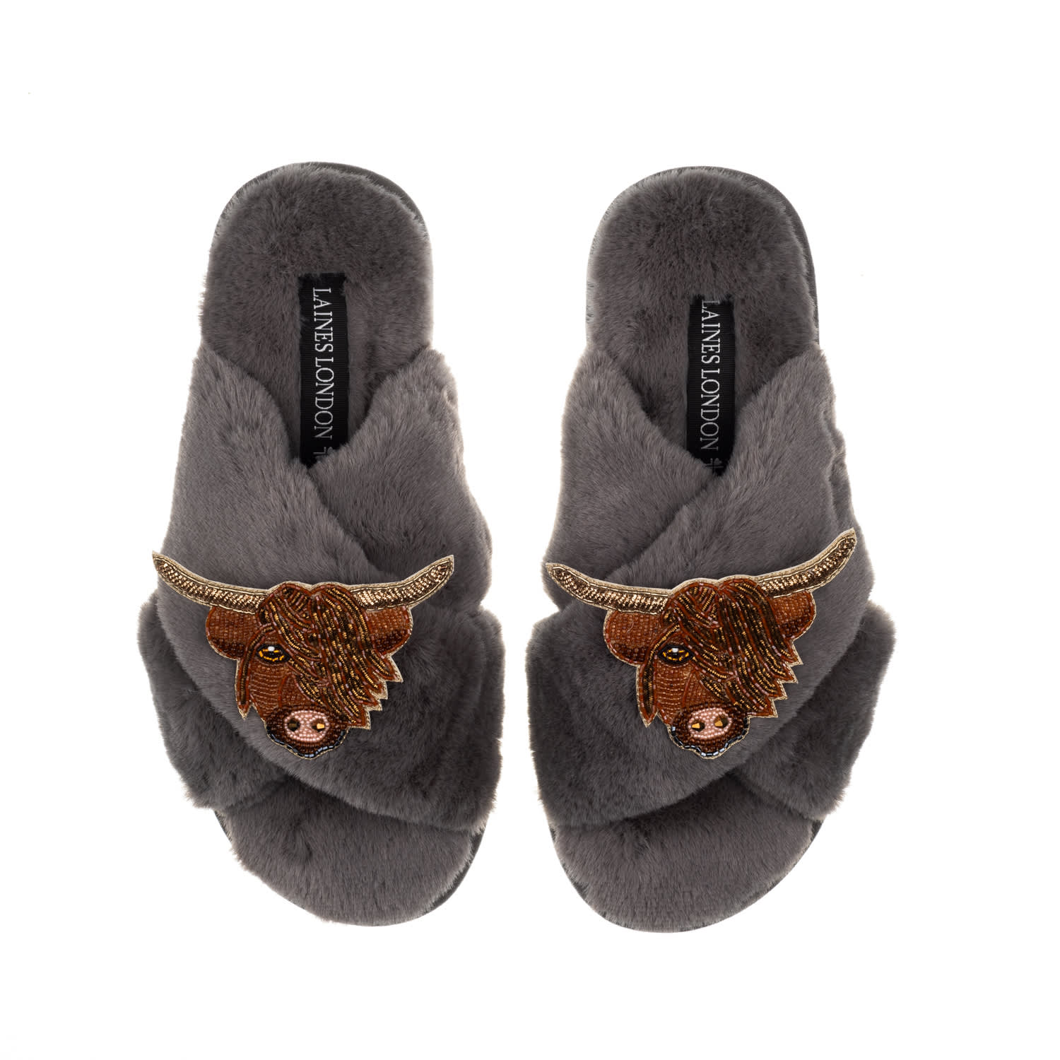 Laines London Women's Classic Laines Slippers With Double Highland Cow Brooches - Grey In Grey