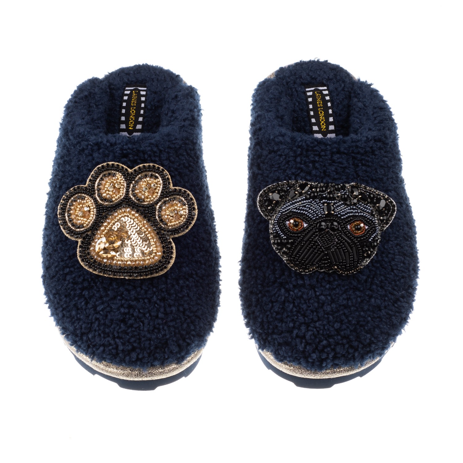 Women’s Blue Teddy Towelling Closed Toe Slippers With Snoopy & Paw Brooch - Navy Medium Laines London