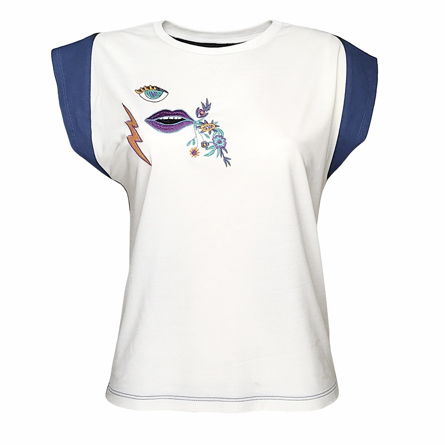 LALIPOP DESIGN WOMEN'S BLUE EMBROIDERED MOTIF COTTON T-SHIRT